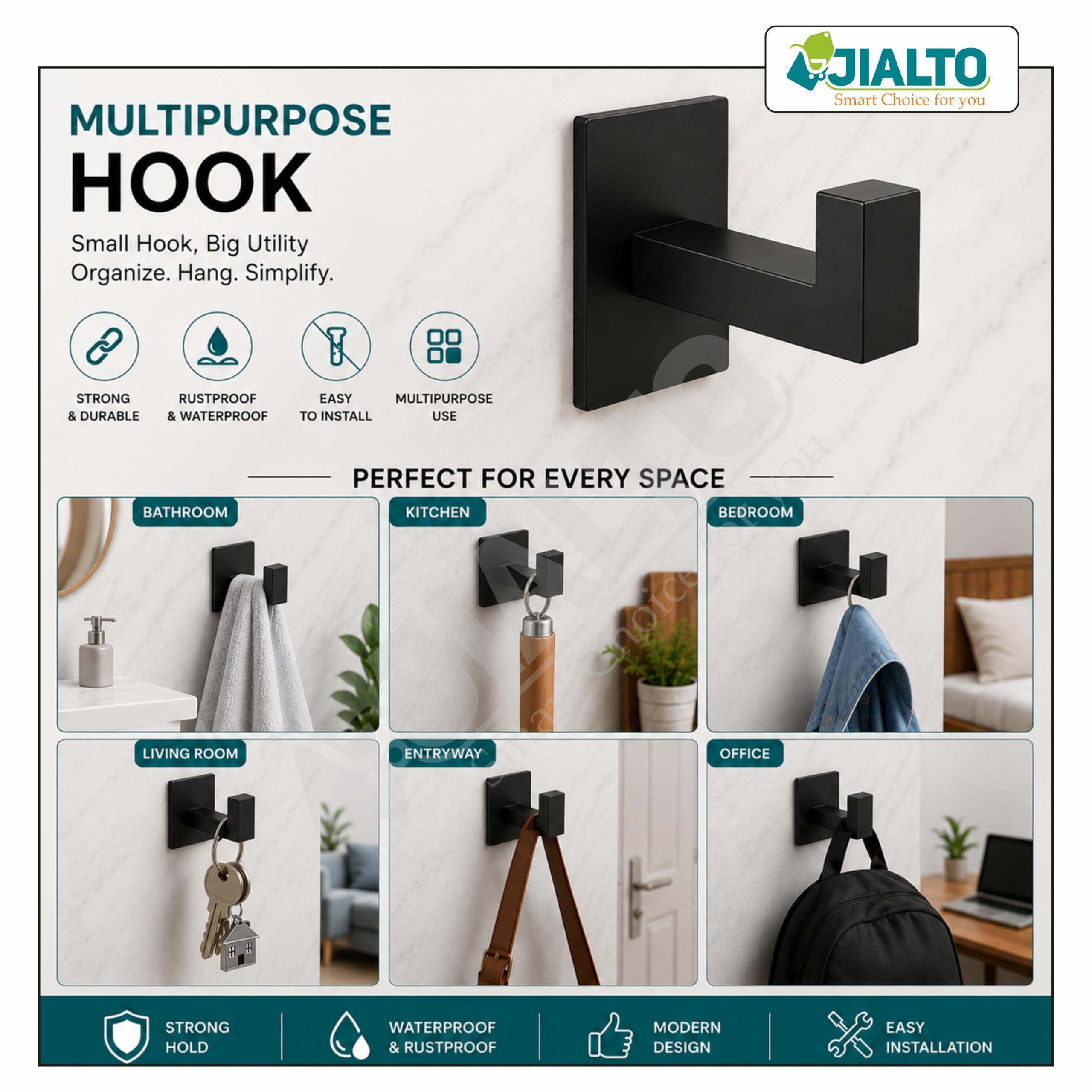 JIALTO 6 pcs Self-Adhesive Hooks: Heavy-Duty Waterproof Stainless Steel for Drilling-Free Wall Mounting - Ideal for Strong Coat, Kitchen, and Bathroom Towel Hanging (Matt Black) 1