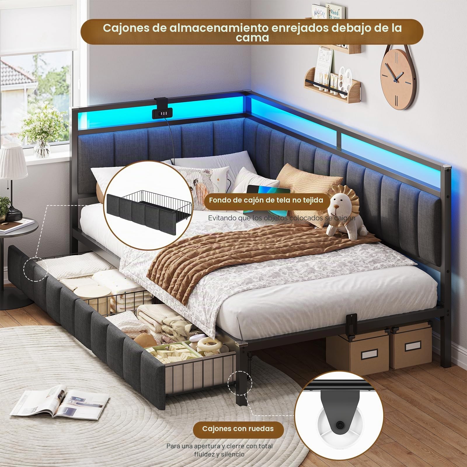 DICTAC Sofá Cama de 90 x 190 con iluminación LED y Toma USB, Estructura de Cama de 90x190 con somier de láminas de Metal, Cama banqueta con Cama Nido y cajones de Almacenamiento para niños, Gris