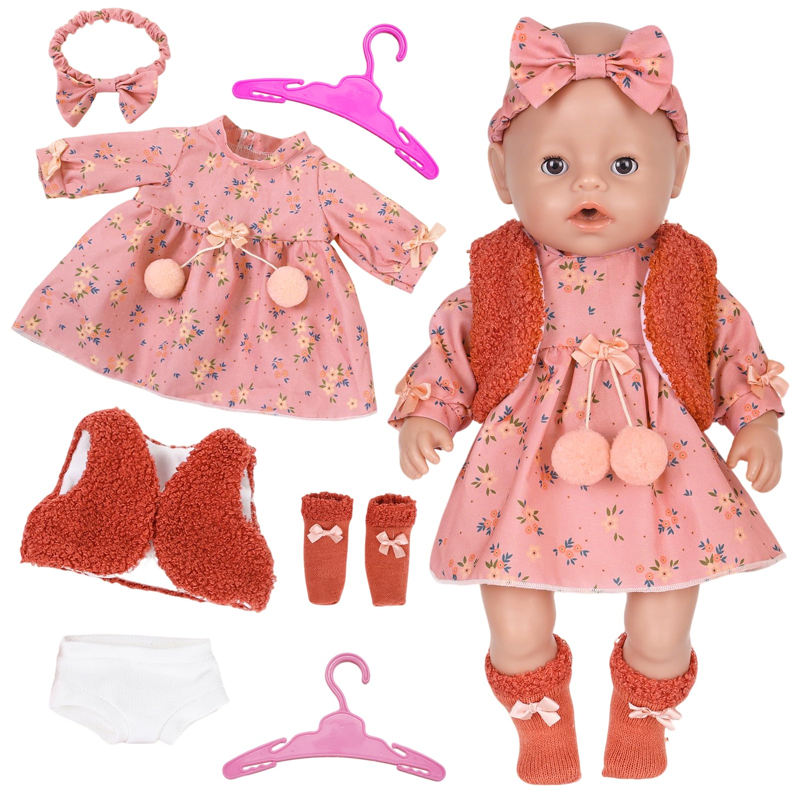 7 Pcs Baby Doll Clothes, Doll Outfits for 14-18 Inch, Pink Floral NewBorn Baby Doll Clothes with Pink Floral Dress Vest Sock Hairband Underwear Hanger for 35-45cm Sweet Doll Clothe Girls Birthday Gift