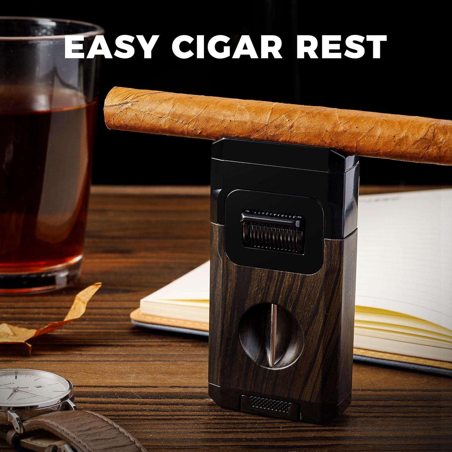 Woodronic Cigar Lighter with V-Cut Cigar Cutter and Cigar Holder, Refillable Dual Jet Lighter Without Butane, Lightweight and Windproof, Cigar Gift for Men, Black