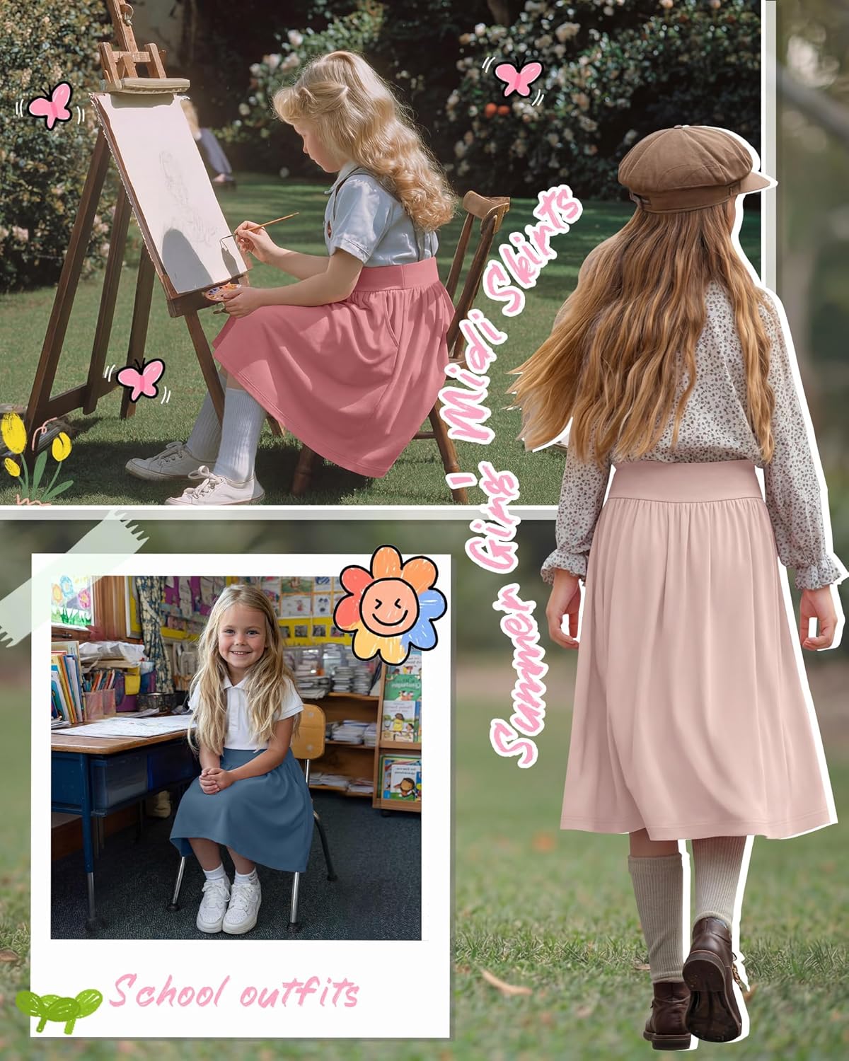Xaatren 3 Pack Girls' Knee Length Skirts 5-14 Years Teen Midi Pockets High Waist Kids Casual Flowy Swing A Line Summer Skirts