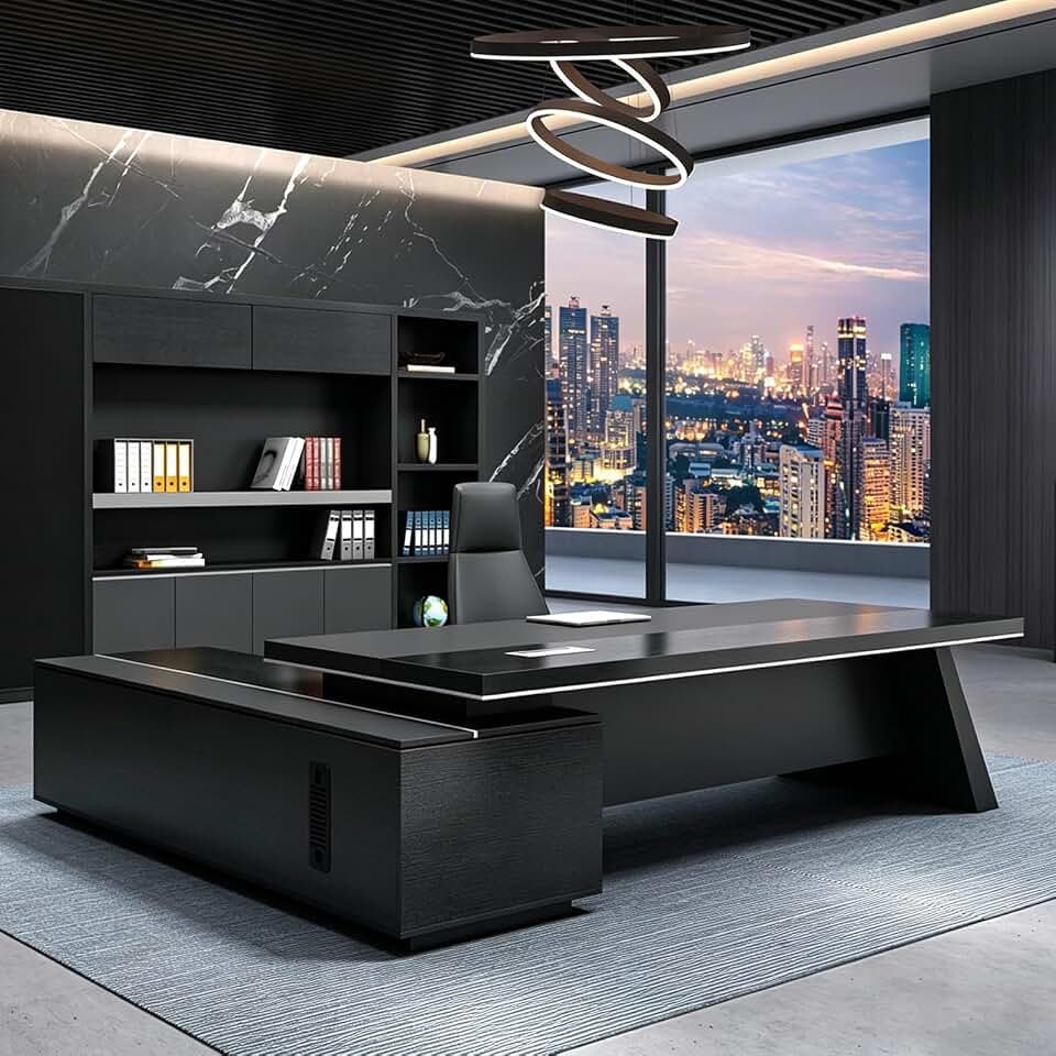 Modern L-Shaped Executive Desk, Computer Desk with Drawers Office Desk Business Furniture Extra Large L-Shaped Writing Table with Sturdy Thicken Tabletop Easy Assembly Black (78"L x 63"W x 29.5"H)
