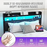 Vista 4 de Base de cama matrimonial con luces LED, cabecera tapizada y estación de carga, plataforma de metal, tamaño matrimonial con estantes