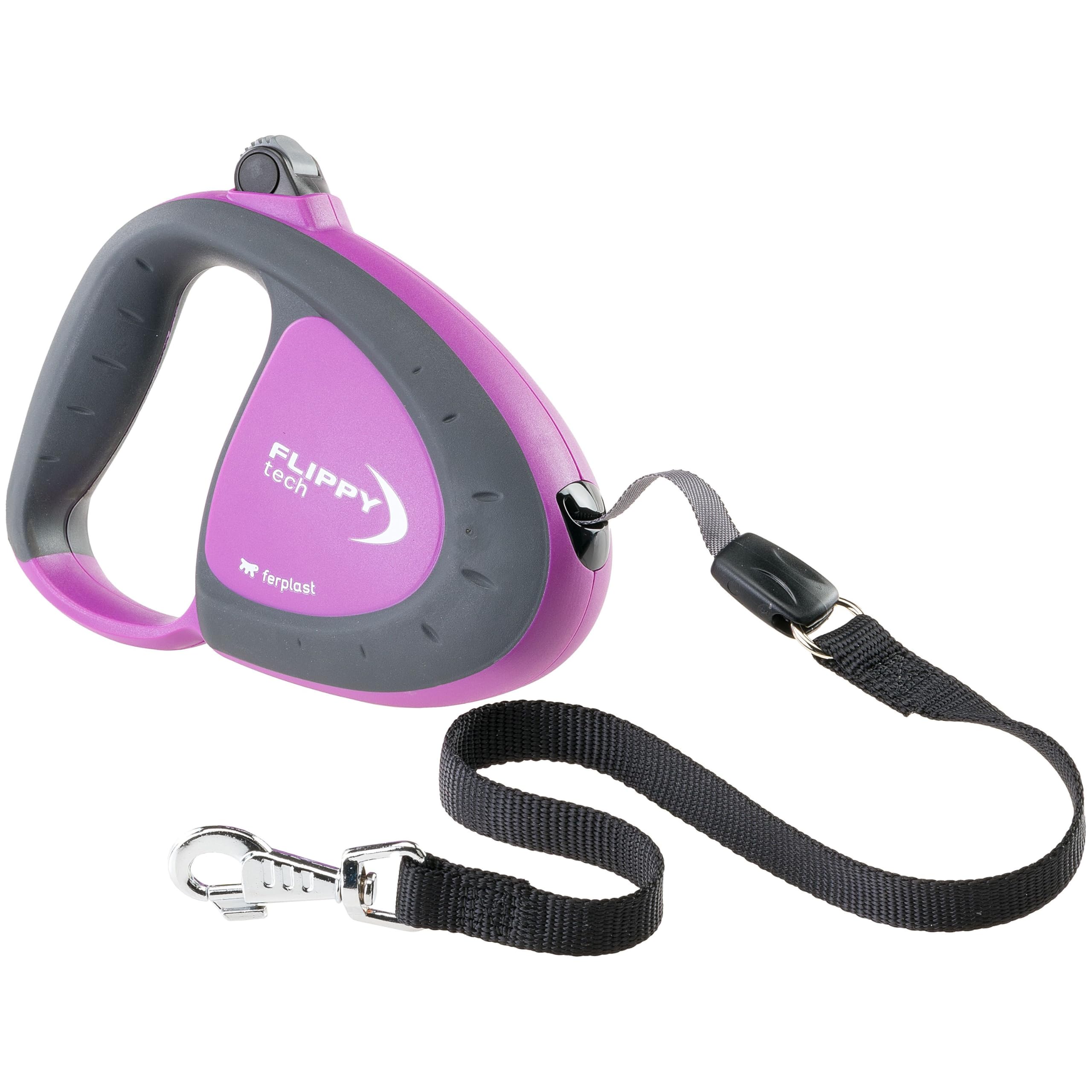 Ferplast Correa Perro Extensible Flippy Tech, Correa Perro Grandes hasta 50 Kg. Cinta Extensible máx 5 m. Botón único de Bloqueo y liberación, Morado