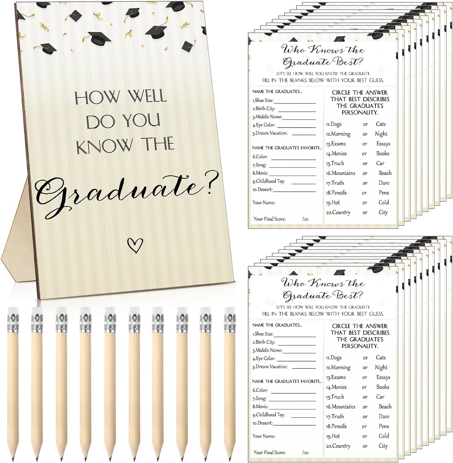 101 Pieces Graduation Party Game 1 Graduation Game Sign 50 Who Knows The Graduate Best Cards with 50 HB Pencils Class of 2025 Graduation Party Favors for High School College