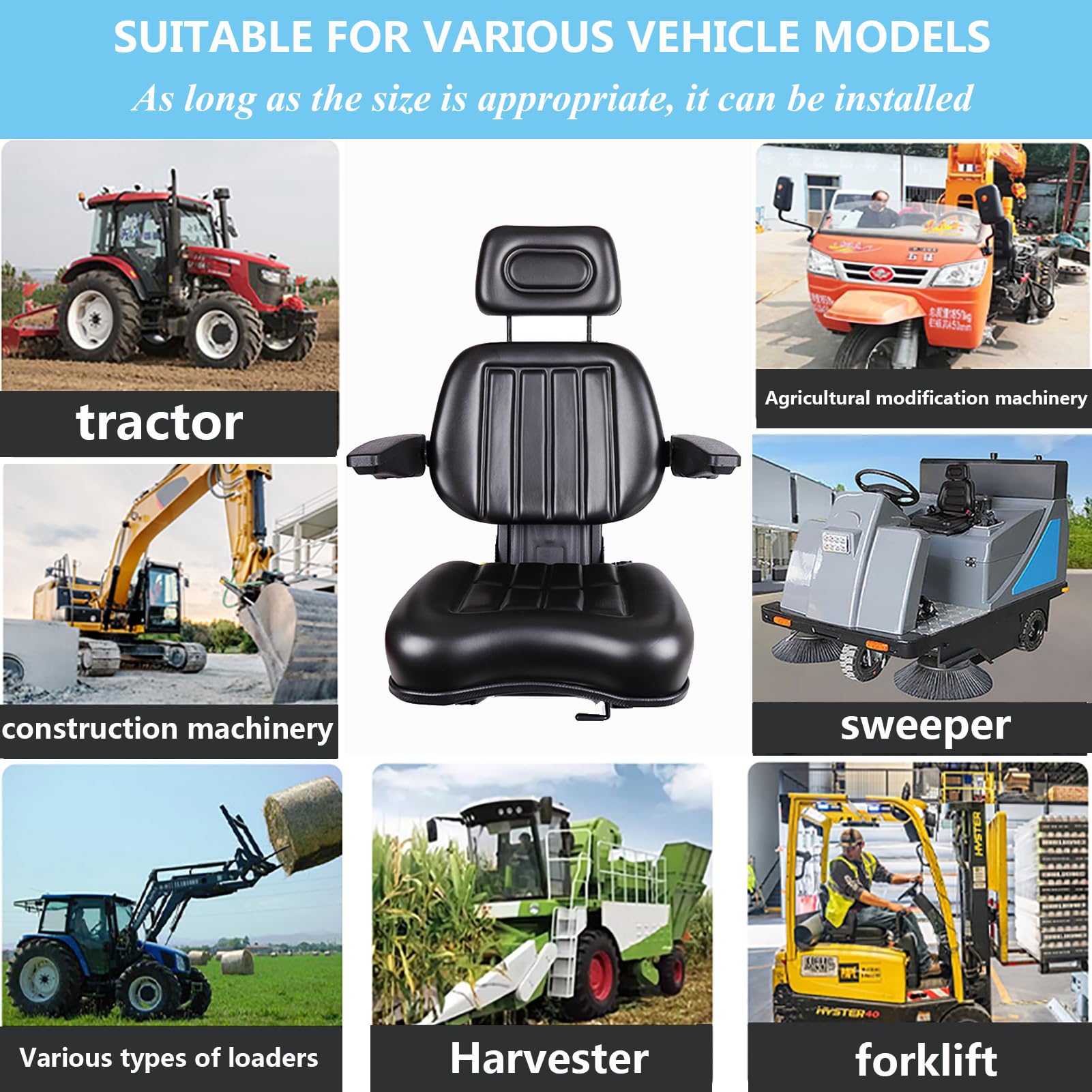 Asiento universal de absorción de impactos para cortacésped, asiento de tractor con reposabrazos y reposacabezas y cinturón de seguridad, riel deslizante ajustable, asiento de carretilla elevadora,