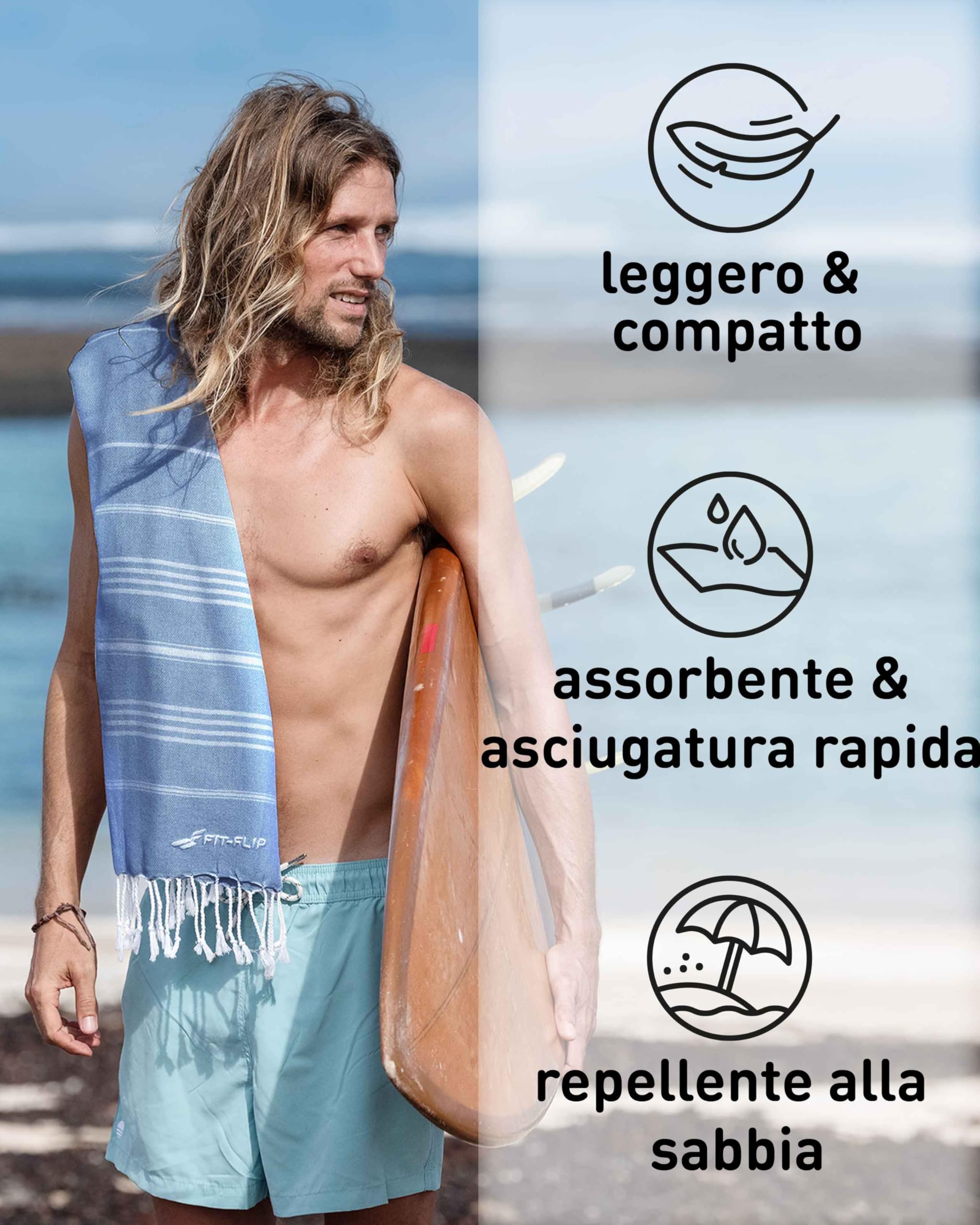 Fit-Flip Telo hammam – asciugamano mare cotone antisabbia XXL – asciugatura rapida - teli sauna fouta, asciugamani spiaggia ideale come sarong e per doccia – Blu – 100x200cm Sultan