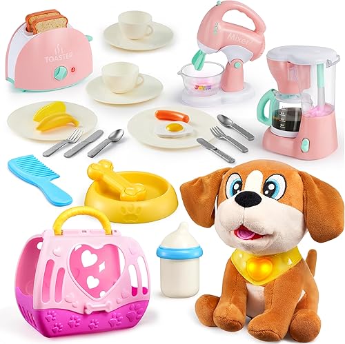 JOYIN Juguetes de cocina y juguetes de peluche para perros para niños, juego de electrodomésticos de cocina con cafetera, mezclador, tostadora,