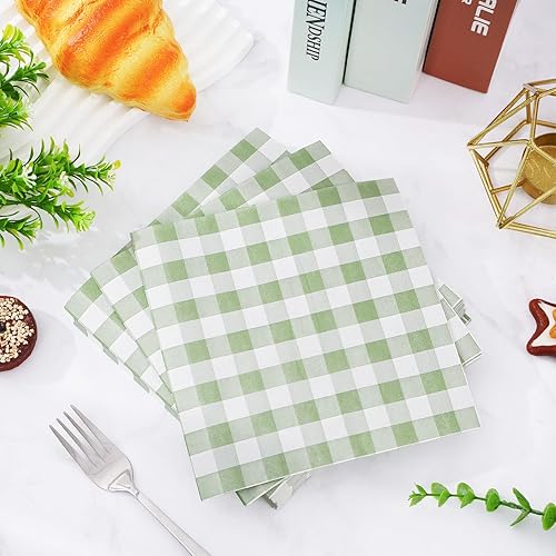 Miniatura 3 de Whaline Servilletas de papel verde salvia de 6.5 x 6.5 pulgadas, servilletas de boda a cuadros, servilletas de papel desechables para almuerzo,