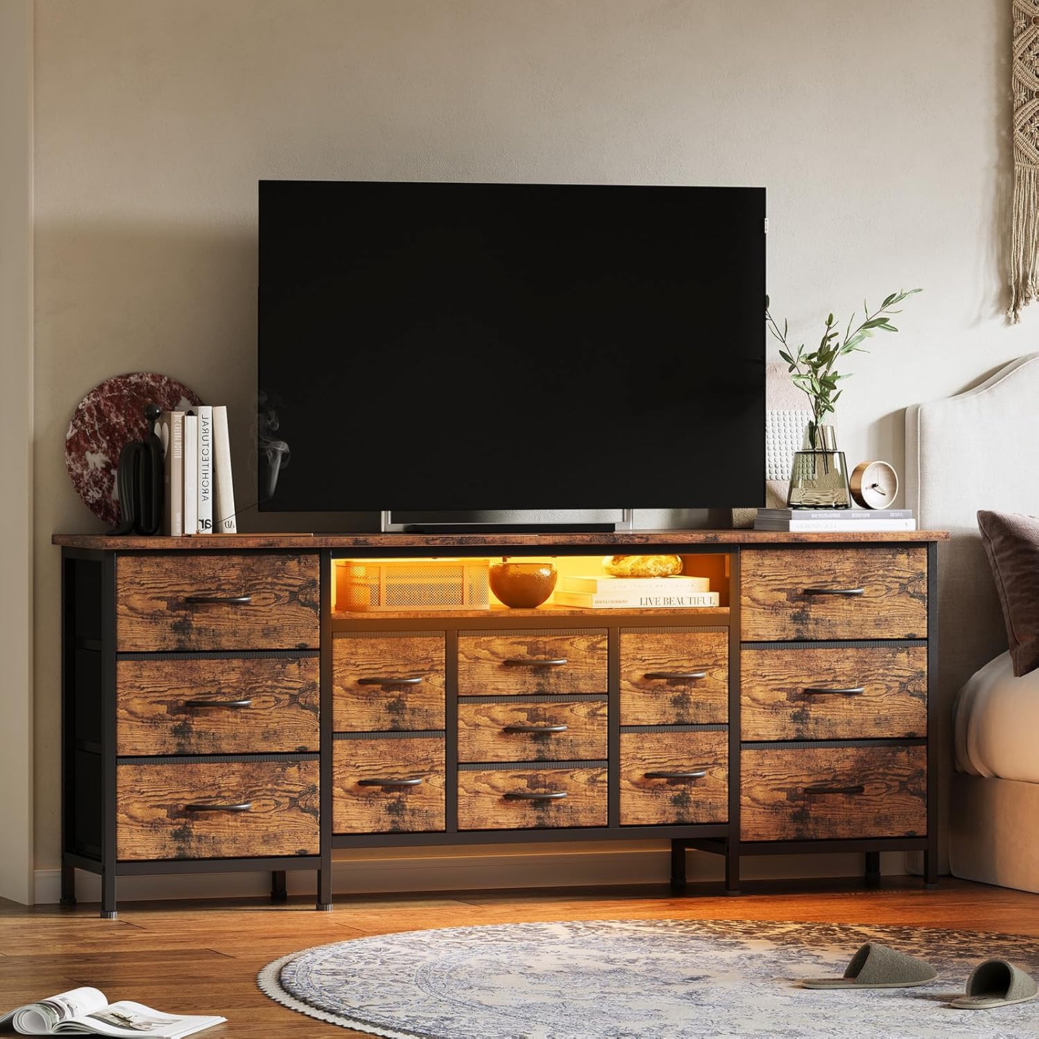 Diagram showing the dimensions of the Patikuin TV stand dresser, including overall width, height, depth, and individual drawer sizes, along with weight capacities.