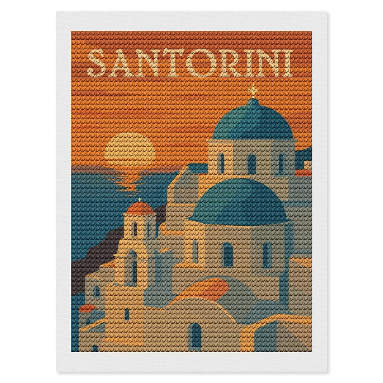 Junmoney Santorini Travel (6) Full Drill Diamond Painting Kit 12"x16", Sparkling Round Gems, Decorate Your Room, Mindful Craft Activity