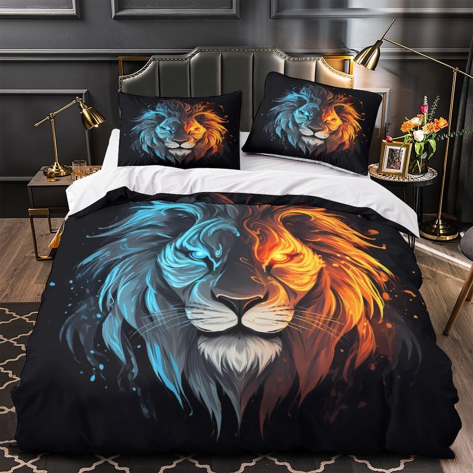 Housse de couette 135x200cm imprimé 3D microfibre parure de lit lion de feu