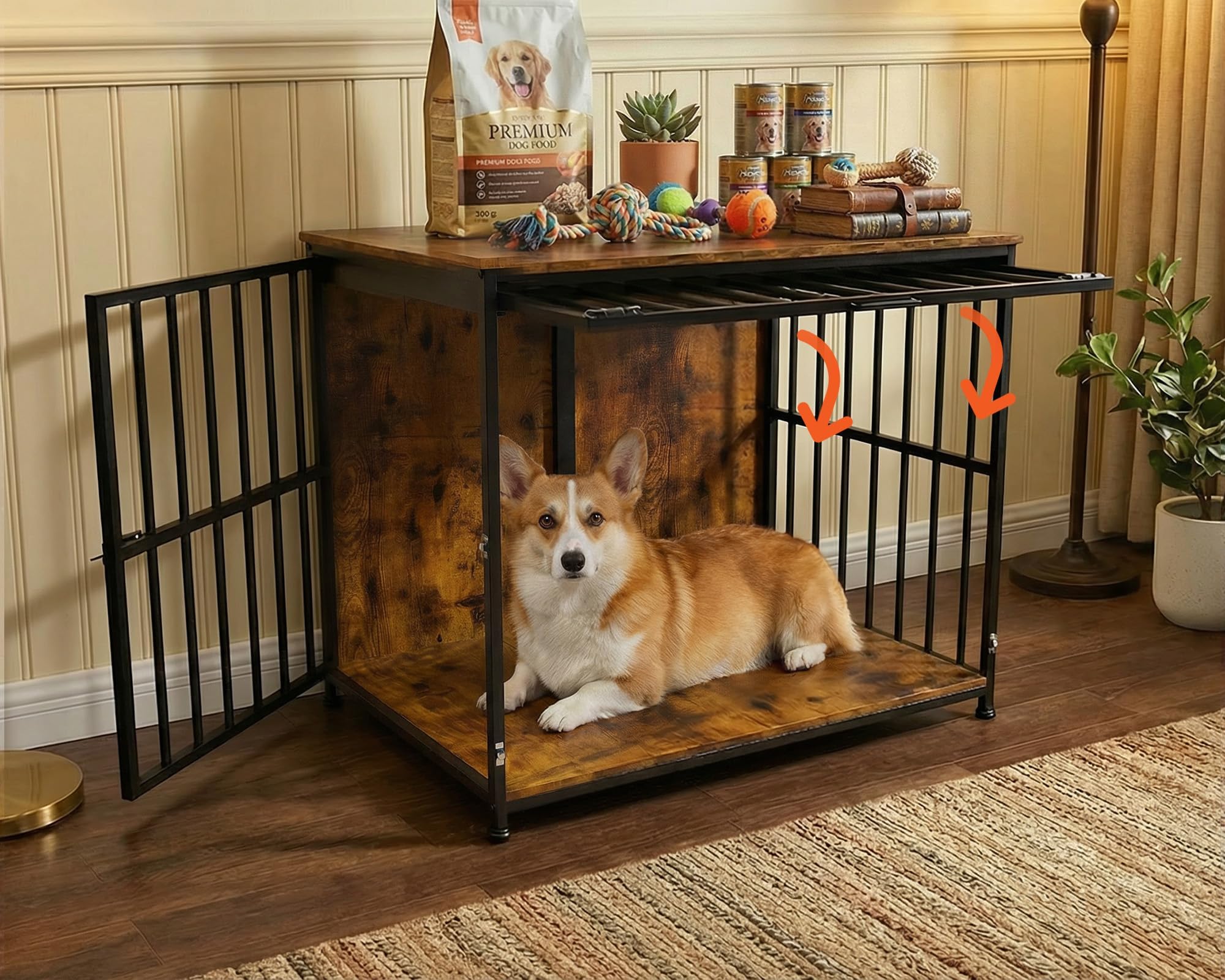 31.5インチ 犬用クレート家具 フリップドア付き 木製犬小屋 屋内 高耐久 ペットケージ 小型 中型犬用 ダブルドア ペットハウス エンドテーブル 素朴なブラウン