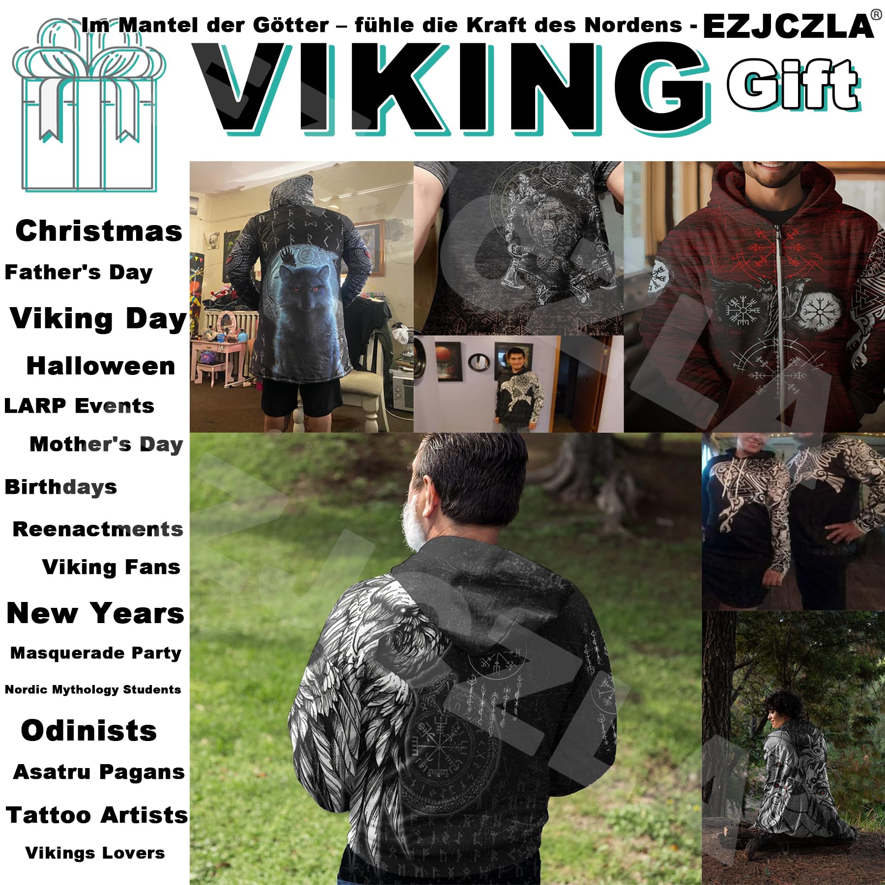 Cappotto Invernale Uomo con Iconografia di Huginn e Muninn, Giacca a Vento Vichingo Ultra Morbida - Giubbotto in Lana Mista, Ideale per Rievocazioni e come Regalo a Tema Norreno