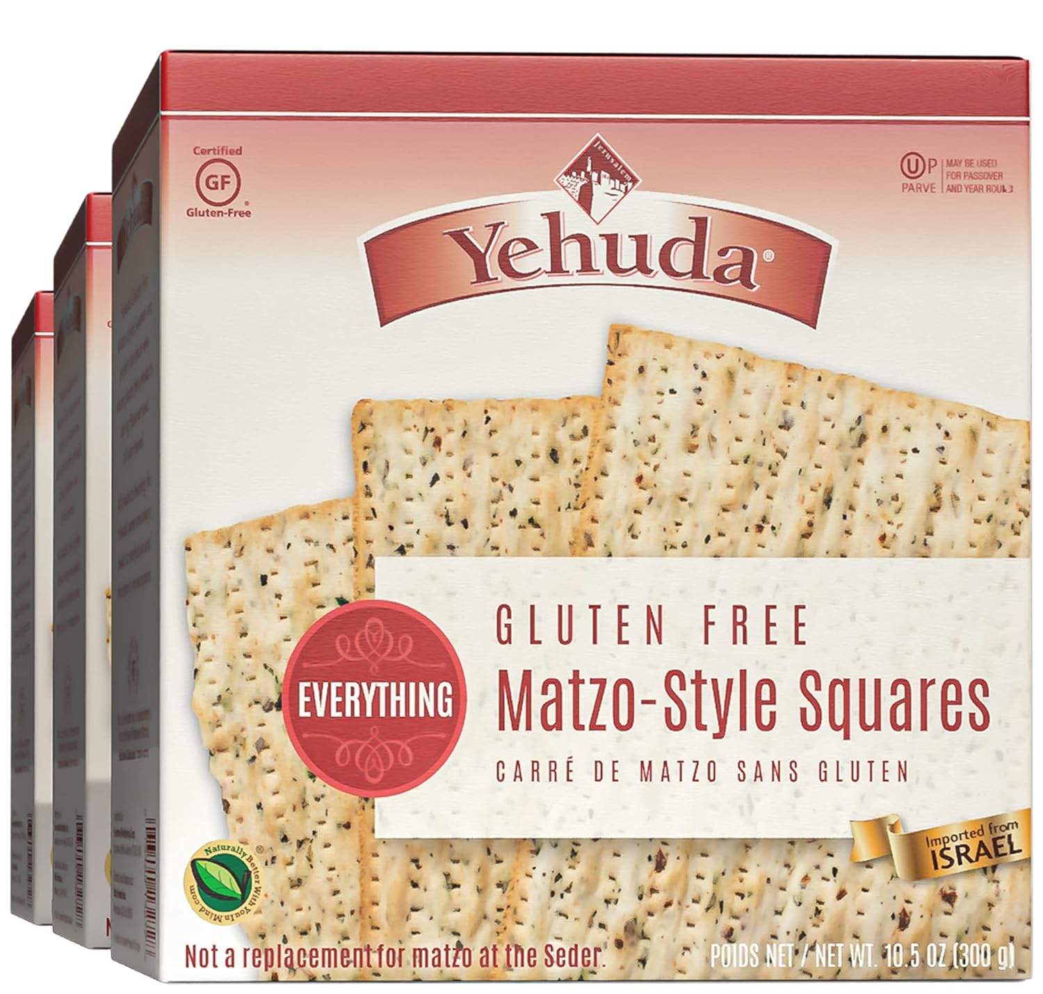 Yehuda Gluten Free Everything Matzo Squares (3 Pack) Thin, Crisp & Airy Matzo Style Gluten Free Crackers with Everything Seasoning | Certified Kosher (Including Passover) |