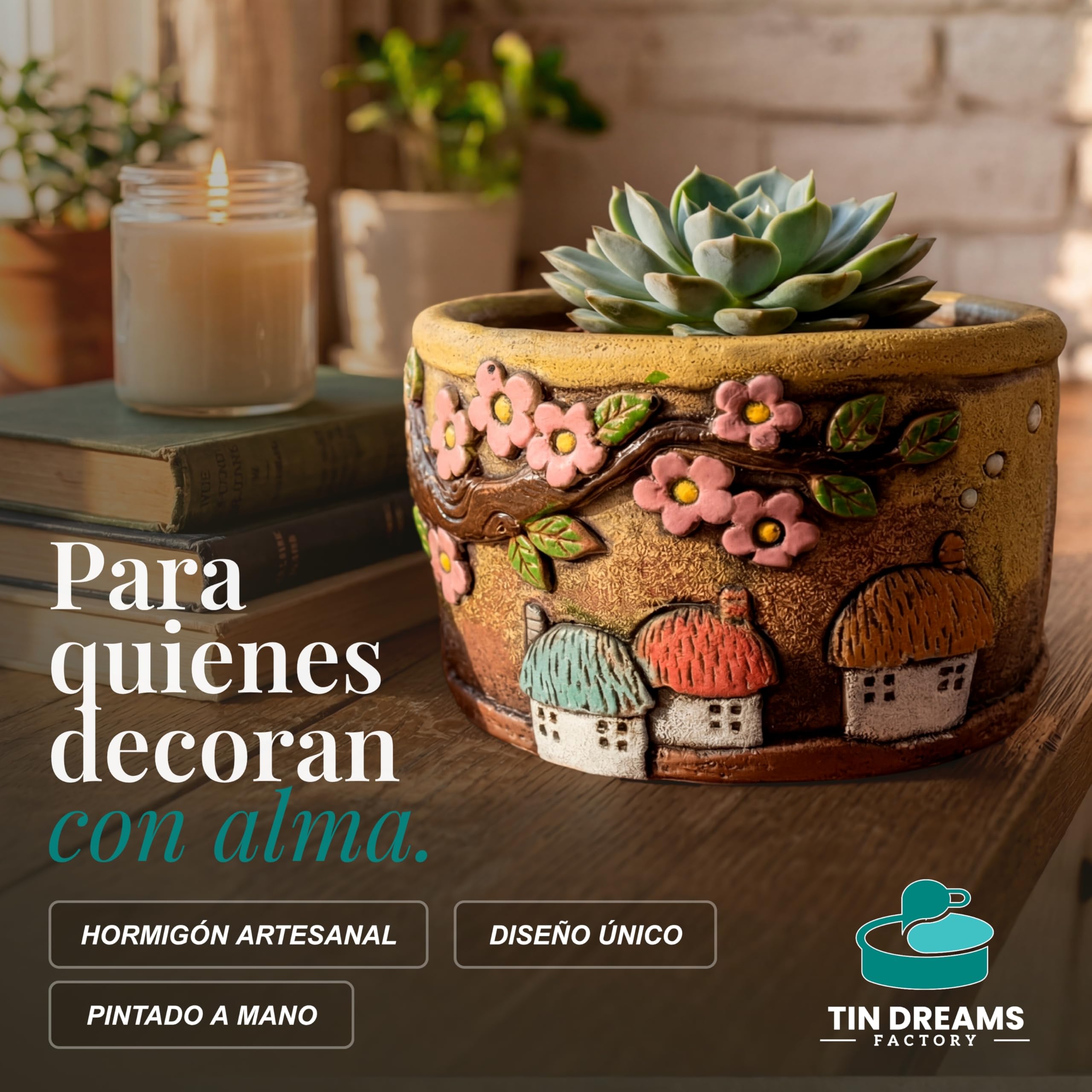 TIN DREAMS | Maceta Decorativa con Casitas de Pueblo – Macetero Hormigón Pintado a Mano – Tiesto para Plantas Interior y Exterior – Maceta Artesanal para Jardín, Terraza o Balcón – 19,5 x 19,5 x 10 cm
