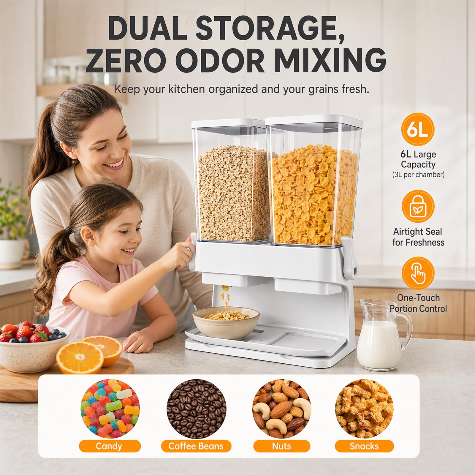 Juego de 2 dispensadores de cereales, 2 dispensadores de cereales de 3 L, a prueba de fugas y aptos para alimentos, recipientes transparentes herméticos para cereales, nueces, granos de café y avena