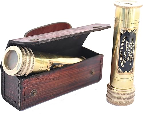 Royalmart Caleidoscopio de latón hecho a mano con caja de cuero, aspecto vintage, acabado antiguo, caleidoscopio para niños, amigos, familia, niños,