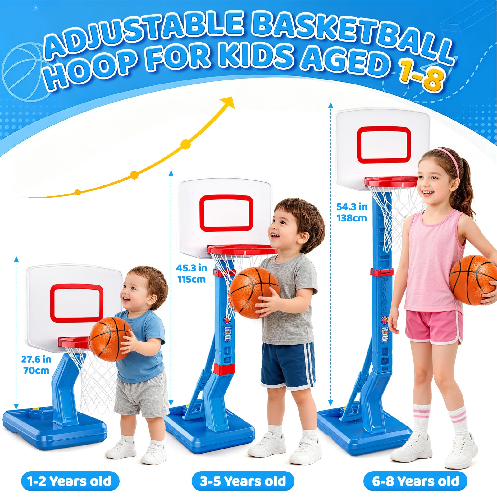 Canestro da basket regolabile in altezza, per bambini di età compresa tra 3, 4, 5, 6, 7 e 8 anni, con supporto per piscina, giocattolo per interni ed esterni, giardino