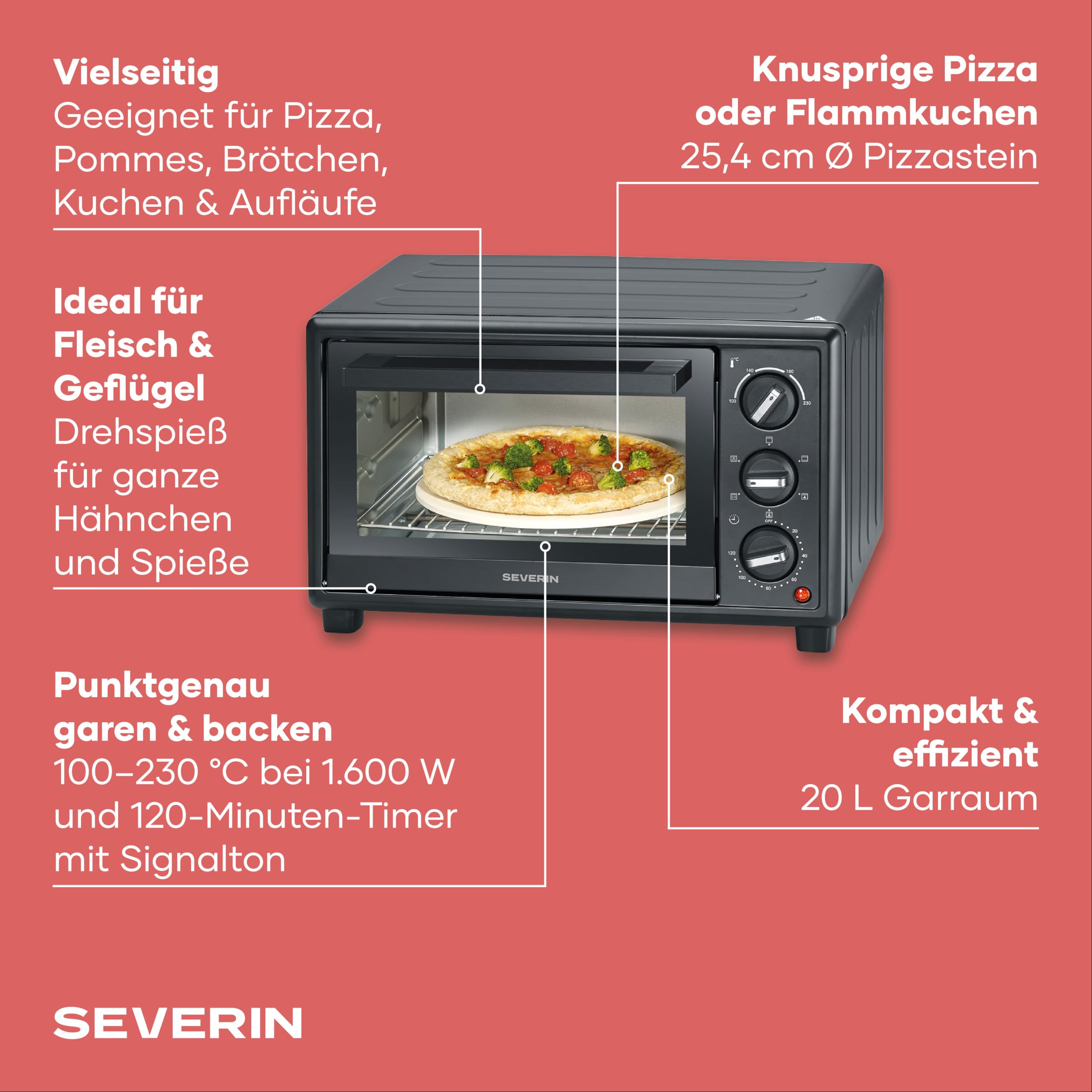 Severin Back- und Toastofen, Bake&Toast, 20L, bis 230°C, Umluft-Funktion, Ober- und Unterhitze, inkl. Pizzastein, Drehspieß, Krümelblech, Backblech, Grillrost, 120Min. Timer, 1600W, schwarz, TO 2079