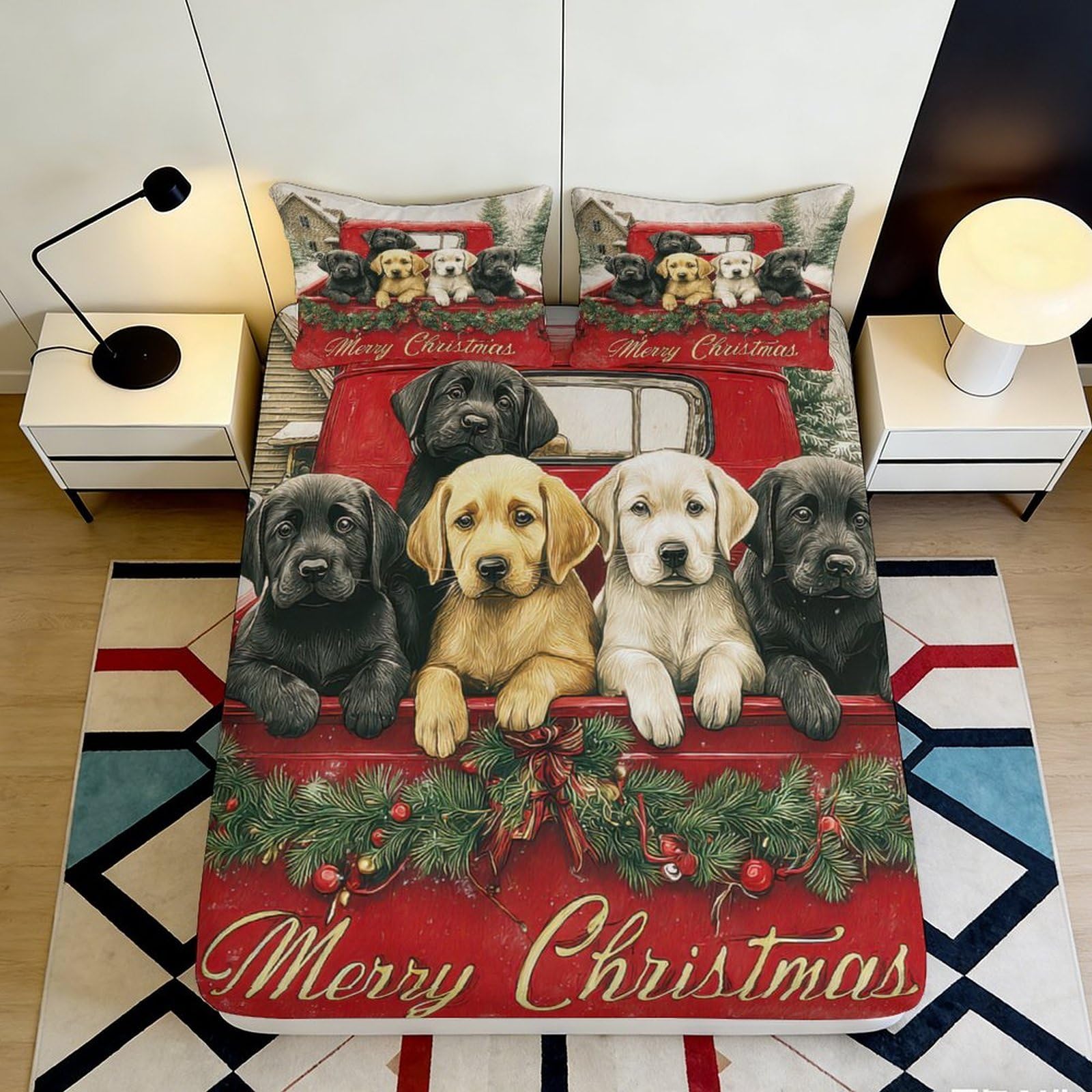 3D Printed Christmas Dog Red Truck Fitted Sheet Microfiber Anti-Slip Machine Wash Bed Cover for Bedroom Guestroom Decor 120x200x25cm