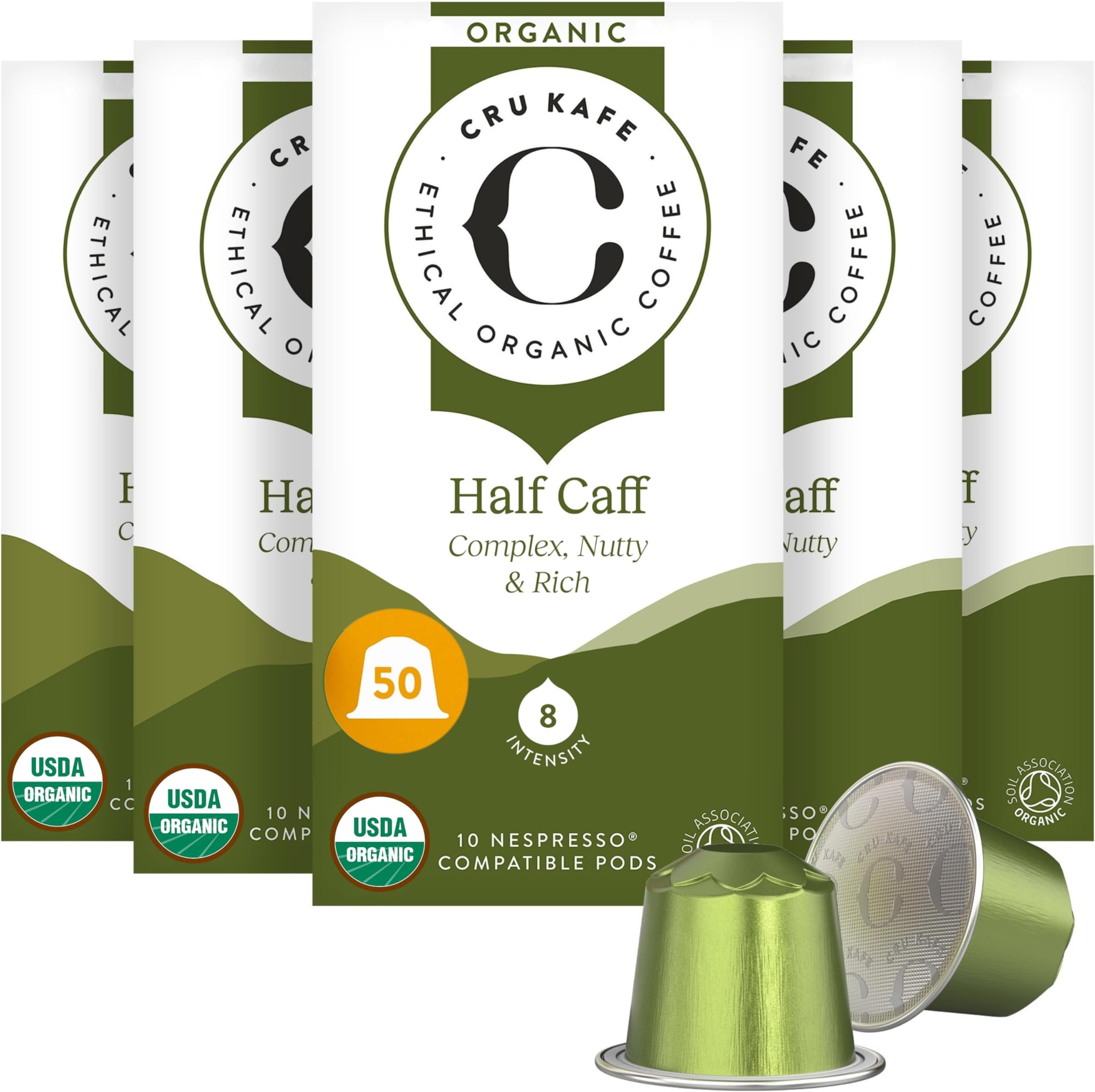 Cru Kafe USDA Organic Half Caff Espresso Coffee Capsules (50 Pods) Fairtrade Coffee Pods Compatible with Nespresso Original Line and Pixie Machines