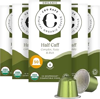 Cru Kafe Half Caff Organic Espresso Pods, Nespresso Original, 50 Pods | Strength 8, Notes of Cocoa, Sweet Spice & Citrus, Nespresso Original Line, Krups, Inissia & CitiZ Compatible