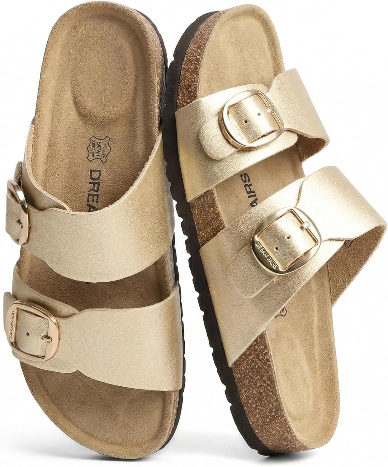 DREAM PAIRS Women's Slides Soft Genuine Footbed Sandals Comfortable Adjustable Double Buckle Slip-on Flat Sandals with Arch Support Frame Dual Slippers for Summer 2026