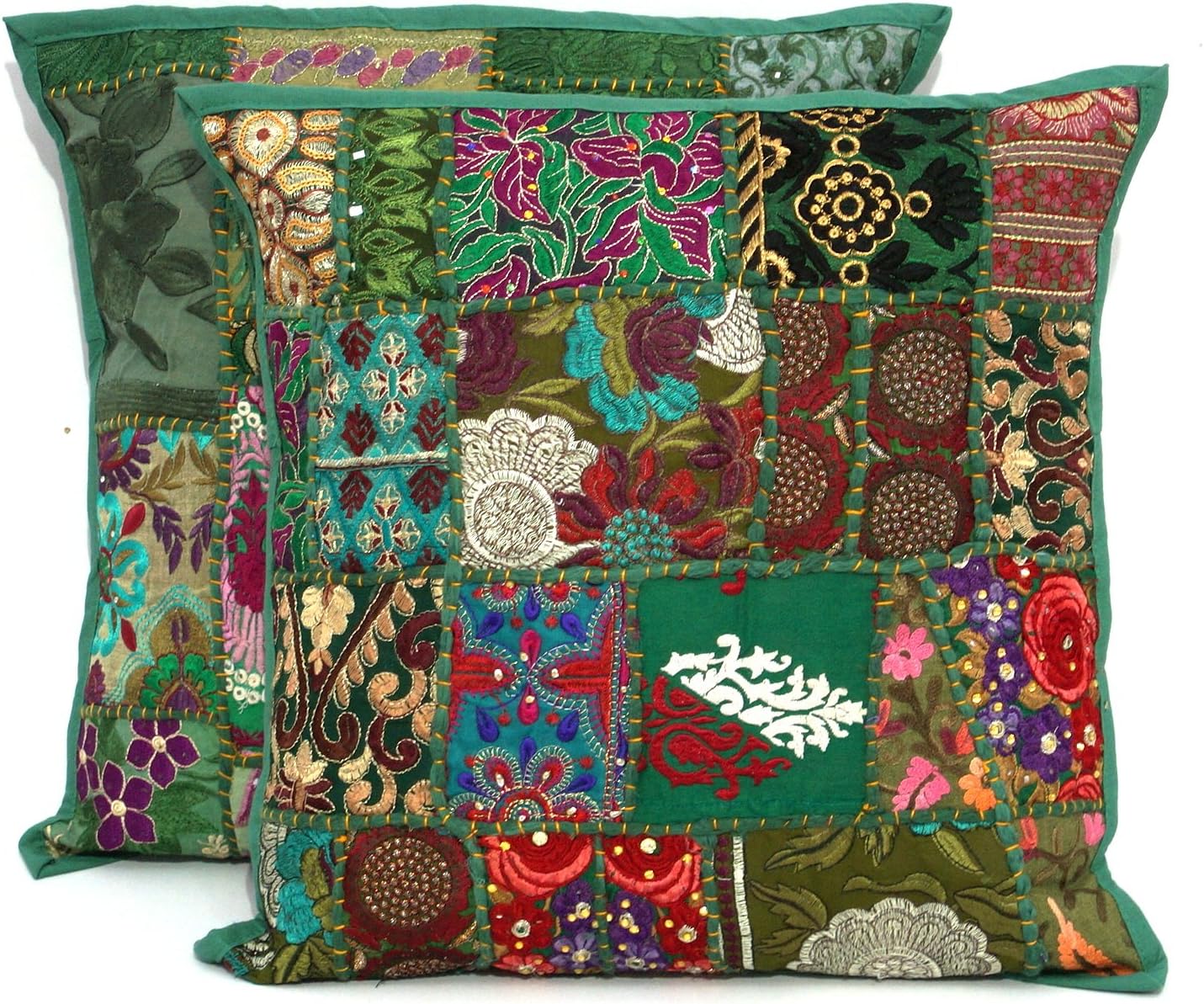 2pc Embroidered Sari Patchwork Cushion , Indian Ethnic Pillow Covers , Pillow Sari Patch Throw Pillow Bohemian Pillows Handmade Patchwork Cushion 16x16" Green