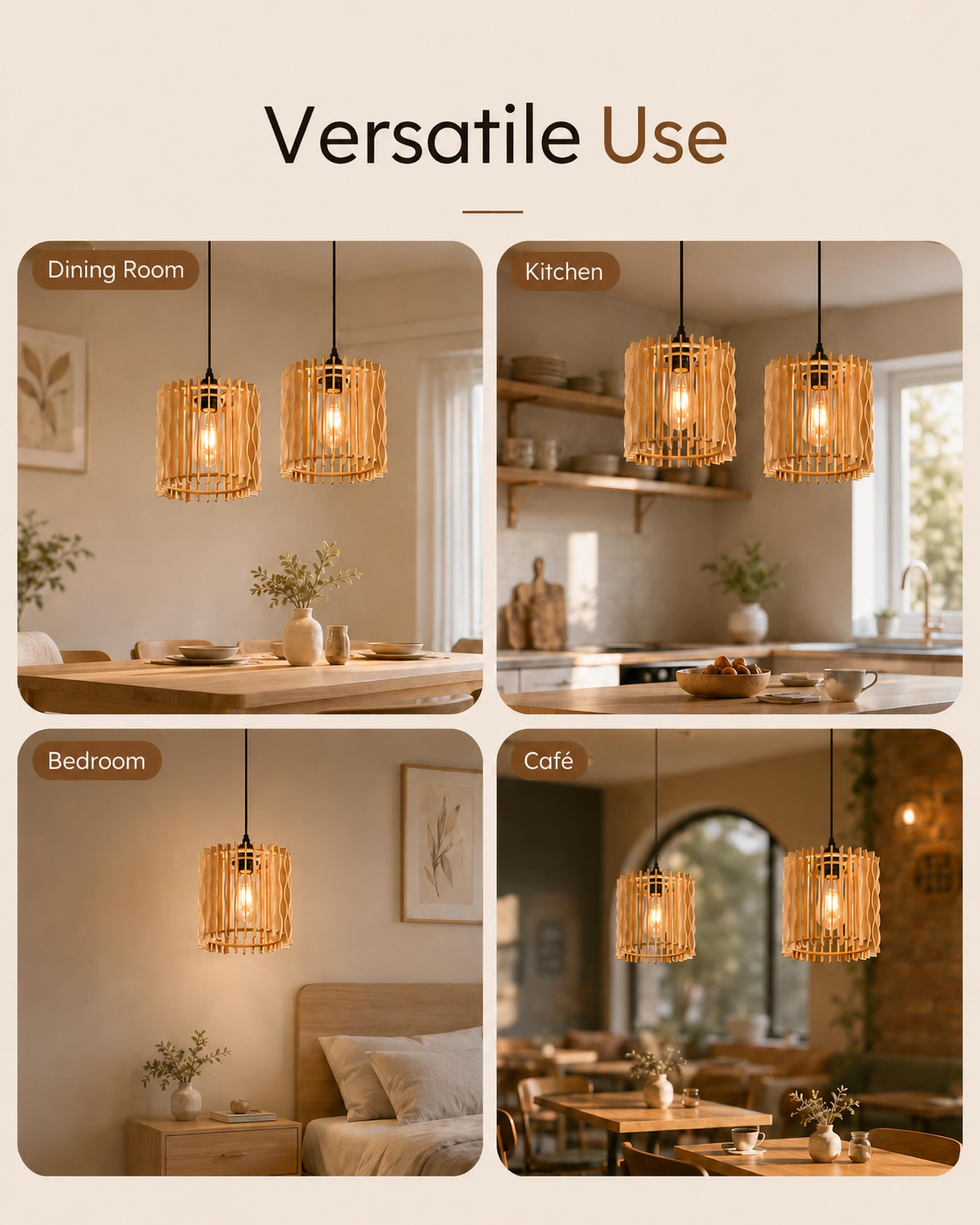 ACMHNC Zestaw 2 Drewnianych Lamp Wiszących, 20 cm Lampa Sufitowa Boho E27 z Regulowanym Kablem 1,5 m, do Jadalni, nad Wyspę Kuchenną, do Sypialni, Korytarza i Kawiarni, 3000k