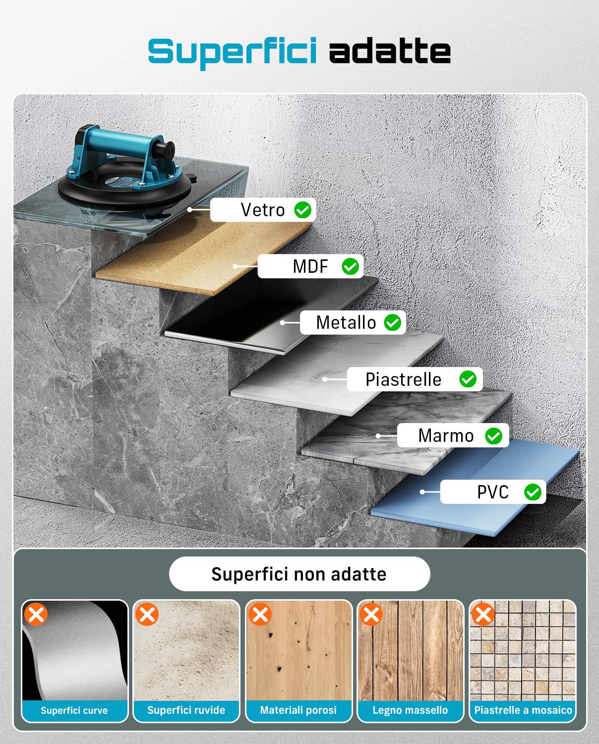 SEESII Ventose per Vetro Professionali, 2 Pezzi 8" Ventosa per Piastrelle, Carico a 200KG,Ventose per Sollevamento di Grandi Piastrelle, Granito, Metallo, Finestre