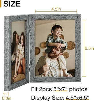 decorUhome ダブル5x7 写真フレーム 縦型、グレー | エンジニアードウッド二つ折りフォトフレーム、プレキシガラス付き、卓上ディスプレイ用の5x7インチの写真2枚を収納、1パック