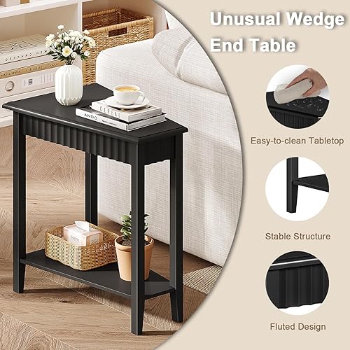 Miniatura 5 de ChooChoo Mesa auxiliar de cuña, mesa auxiliar triangular estrecha con estante de almacenamiento de 2 niveles, mesa auxiliar reclinable acanalada