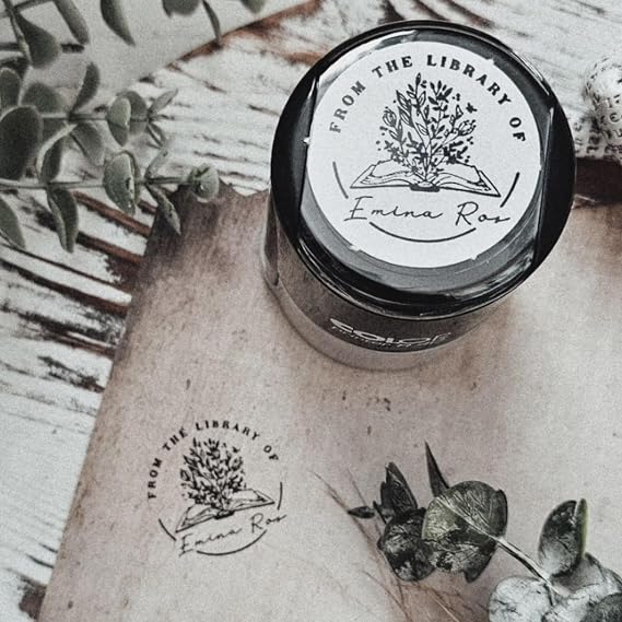 from The Library of | Ex Libris | Floral Book Stamp | Personalized Teacher Stamp | Custom Library Stamper | Monogram Self-Inking Wood Handle Embosser (Monogram 1)
