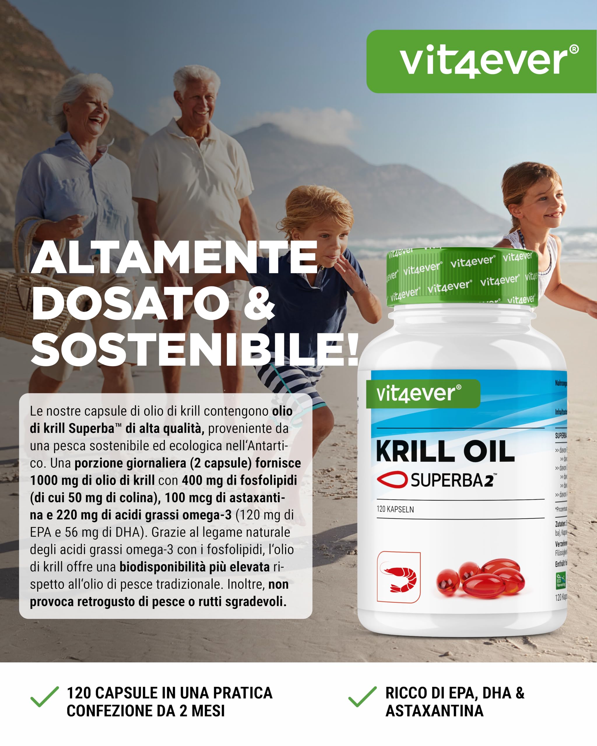 Krill Oil - 120 Capsule - Premium: Superba Antarctic Krill Oil - Ricco di EPA + DHA + Astaxantina + Fosfolipidi + Acidi grassi Omega 3 - Da coltivazione sostenibile.