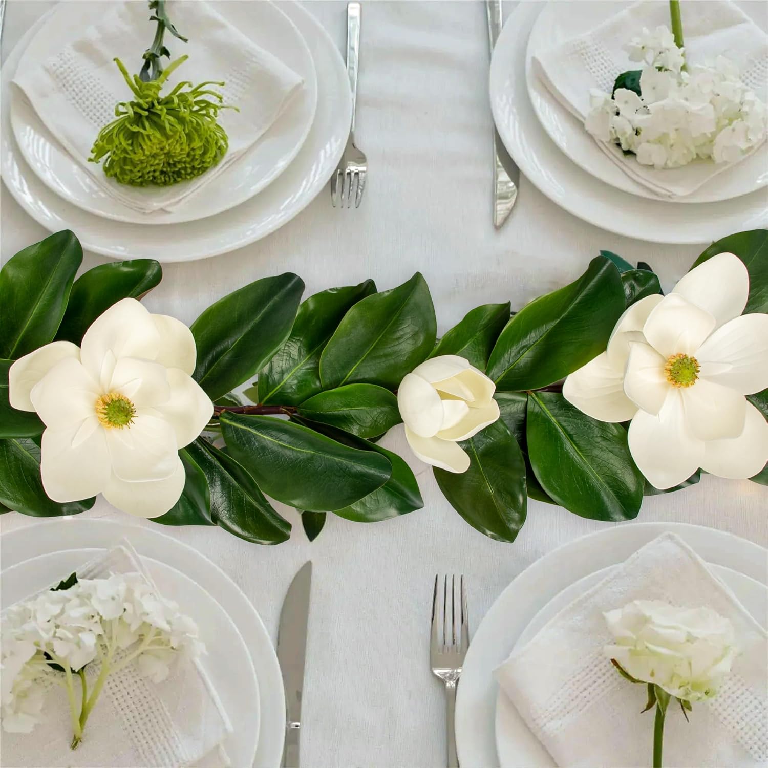 Artificial Magnolia Garland 5FT – Real Touch Flowers & Greenery Vine for Wedding Arch, Mantel, Table, Indoor Decor – Faux Magnolia Leaf Garland (White Flowers)