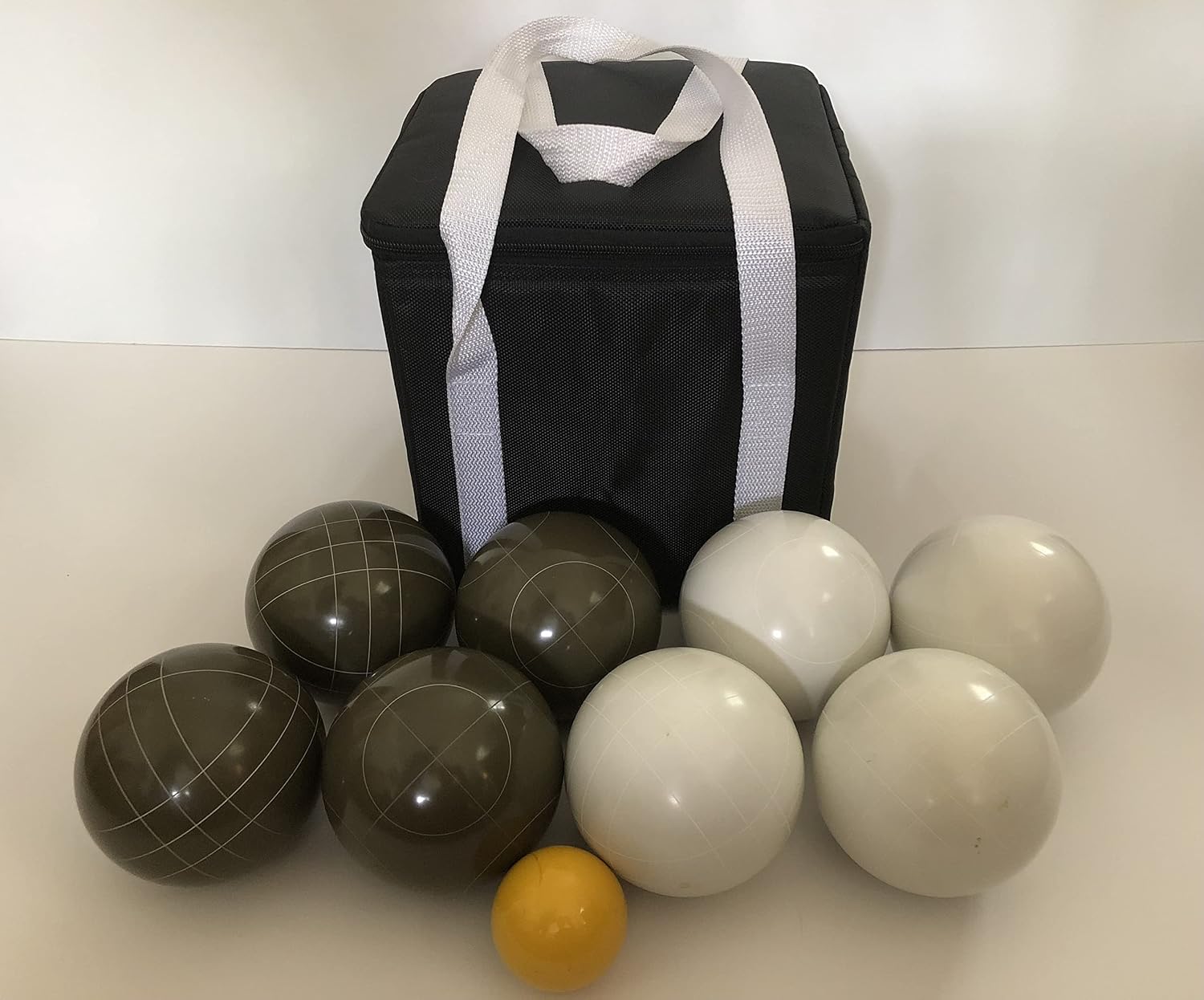BuyBocceBalls Listing - Unique Bocce Set - 107mm with Olive Brown and White Balls, Black Bag