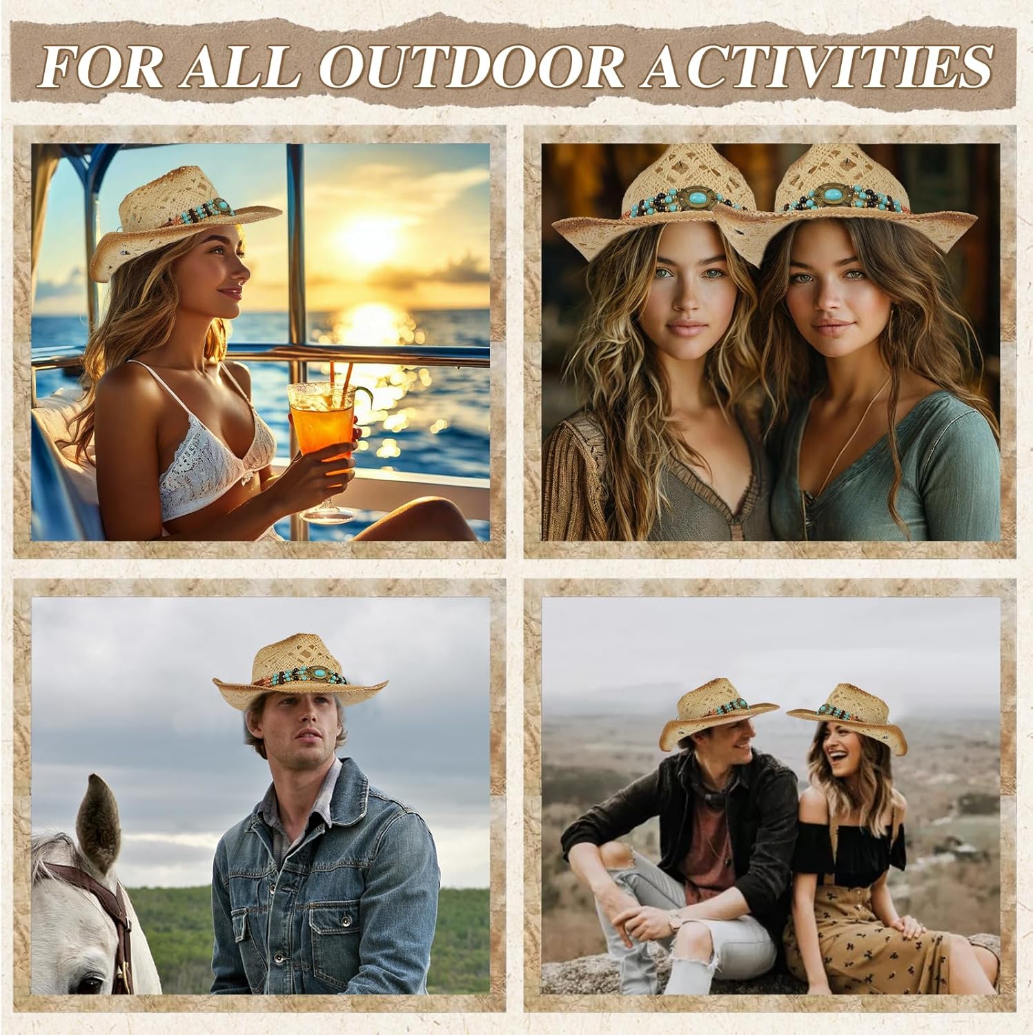 Straw Cowboy Hat Western Cowgirl Hat Cowboy Sun Hats for Men Women with 4 Decorative Bands,1 Earrings and Bracelets - Image 6