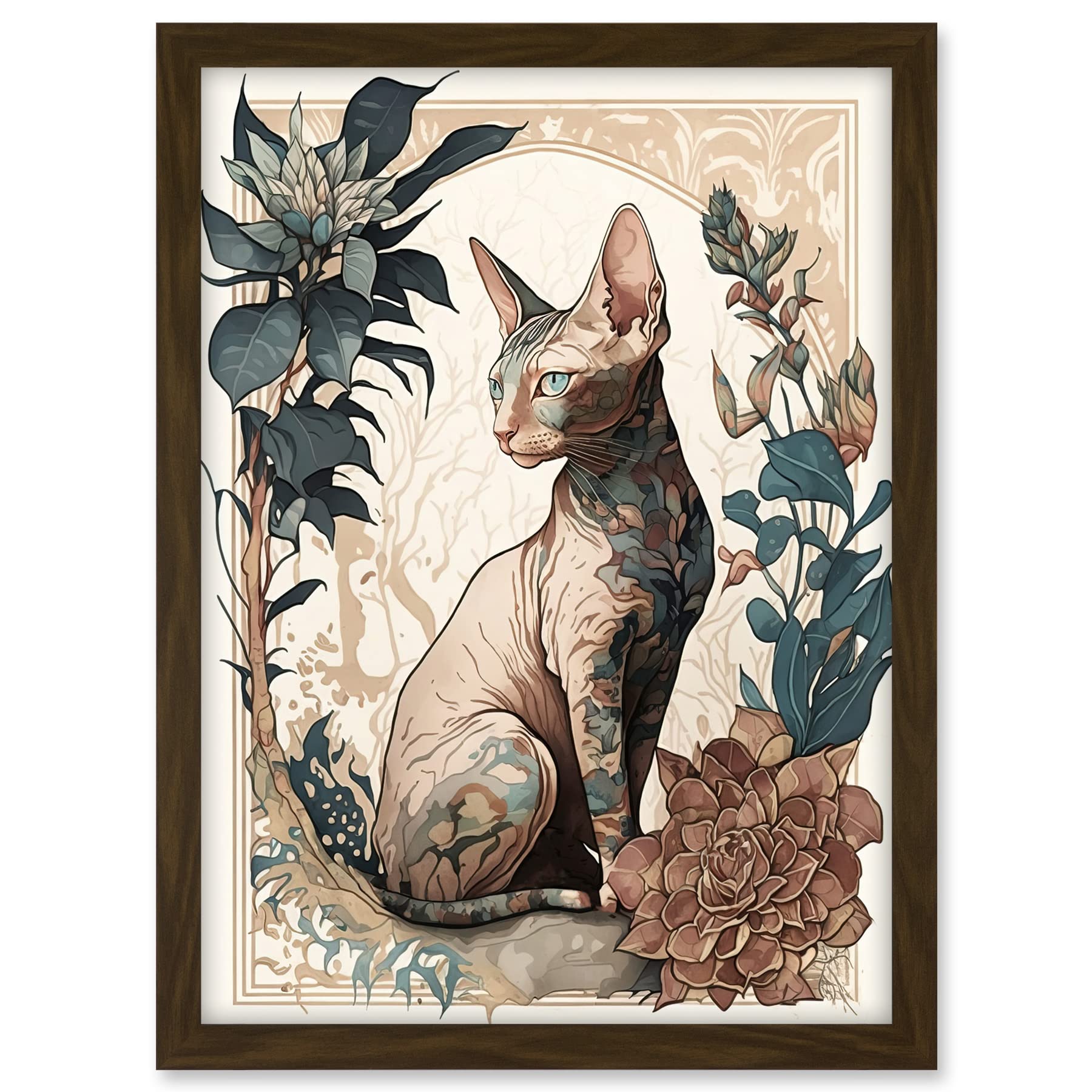 Artery8 Sphynx Cat with Flower Blooms Modern Art Nouveau Portrait Illustration Artwork Framed A3 Wall Art Print