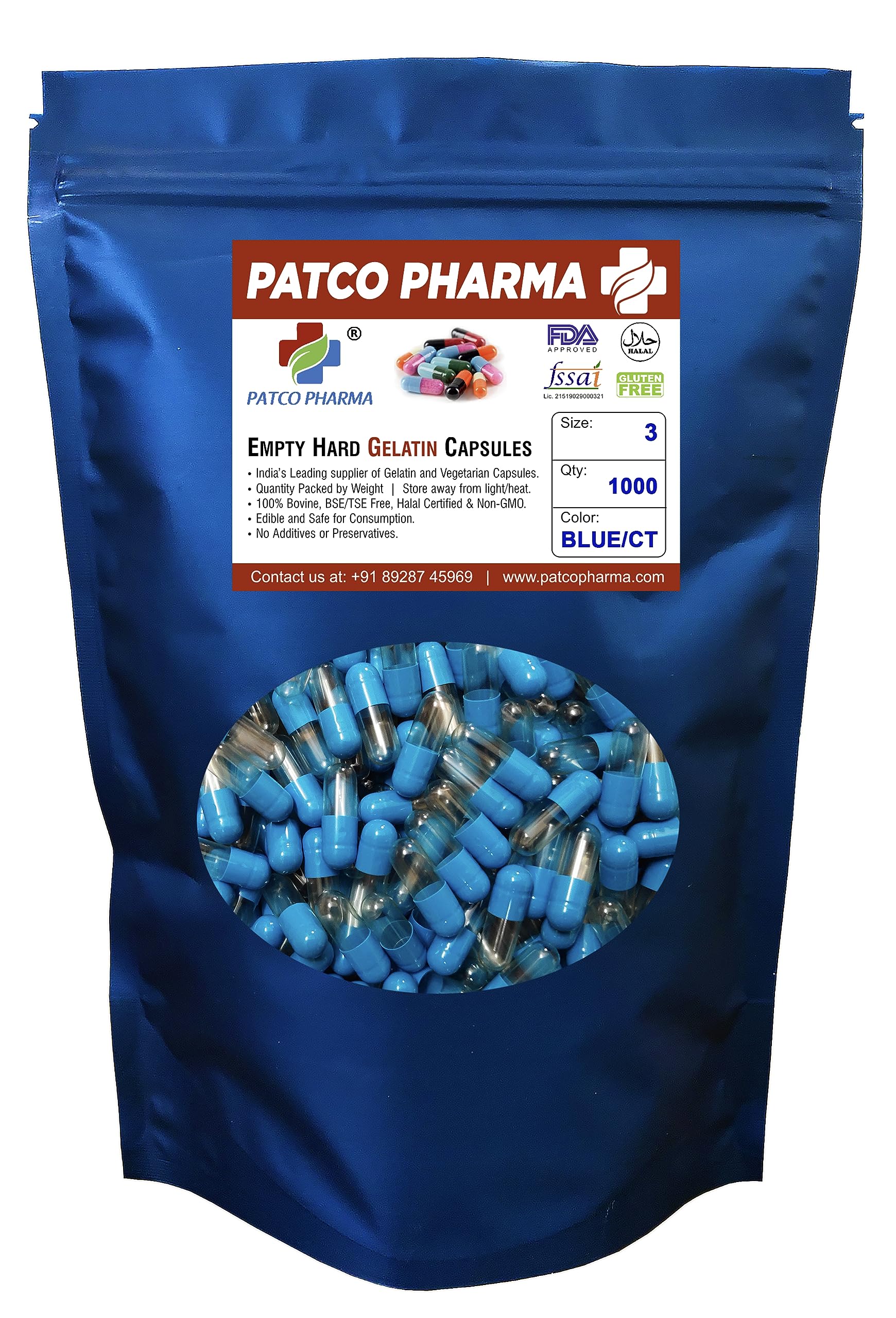 Patco Pharma - Size 3 Blue/CT Empty Gelatin Pill Capsule (Pack of 1000) (B09FGPJ2QQ) Amazon Price History, Amazon Price Tracker