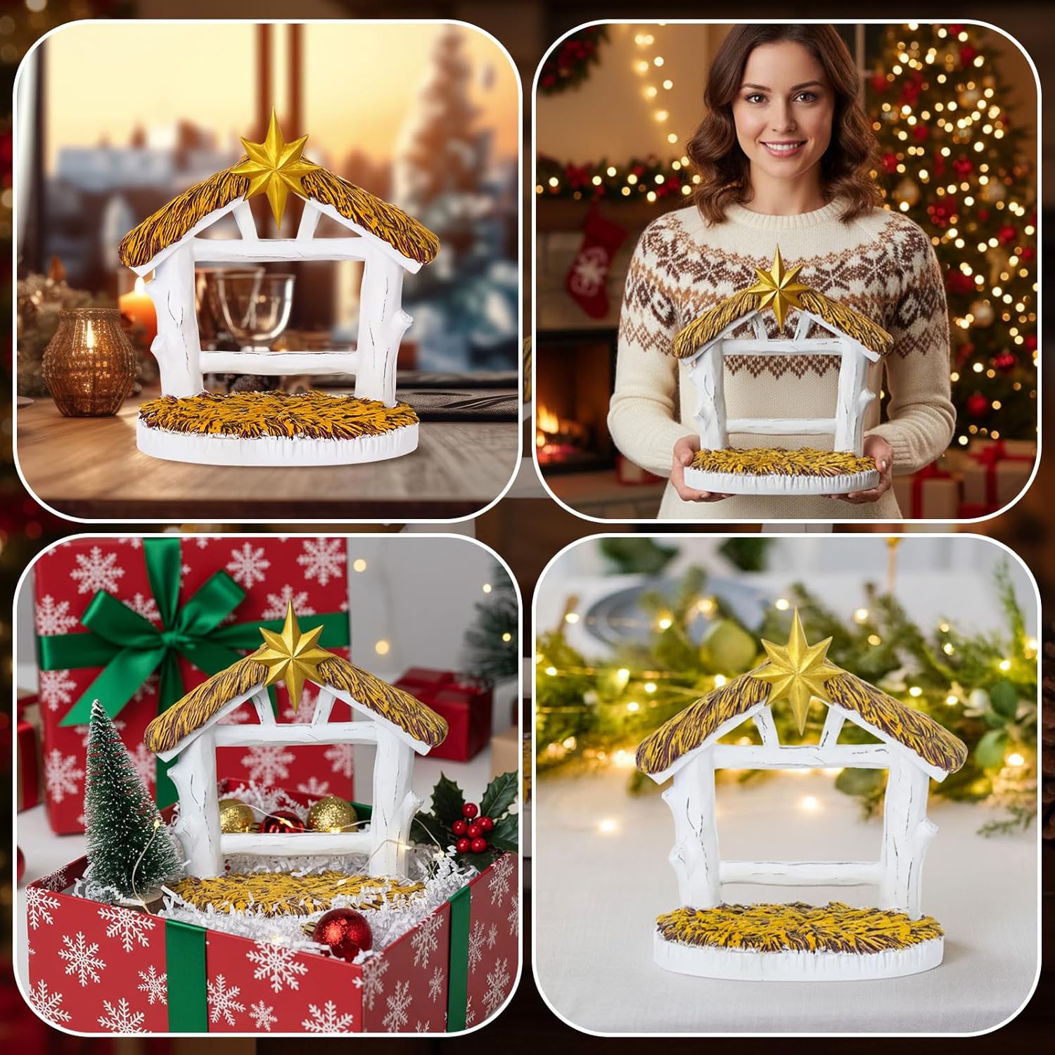 Roshtia Nativity Manger Nativity Creche Stable Jesus Birth Scene Resin Christmas Stable Christmas Set Without Figurines for Holiday Xmas Home Decor Religious Gift Collection(9.8''x8.6'')