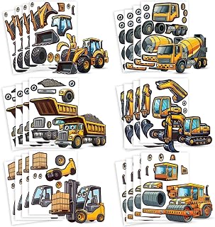 24 Make A Construction Truck Stickers for Kids - Create Your Own Escavator, Dump Truck, Cement Mixer, Roller, Front Loader, & Fork Lift - Easy to Use, No Mess Truck Sticker Sheets - Great Party Favor