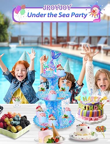 Miniatura 6 de JroyJoy Soporte para cupcakes de sirena, 3 niveles con decoración de tartas y envoltorios de cupcakes y juego de pancartas de feliz cumpleaños,