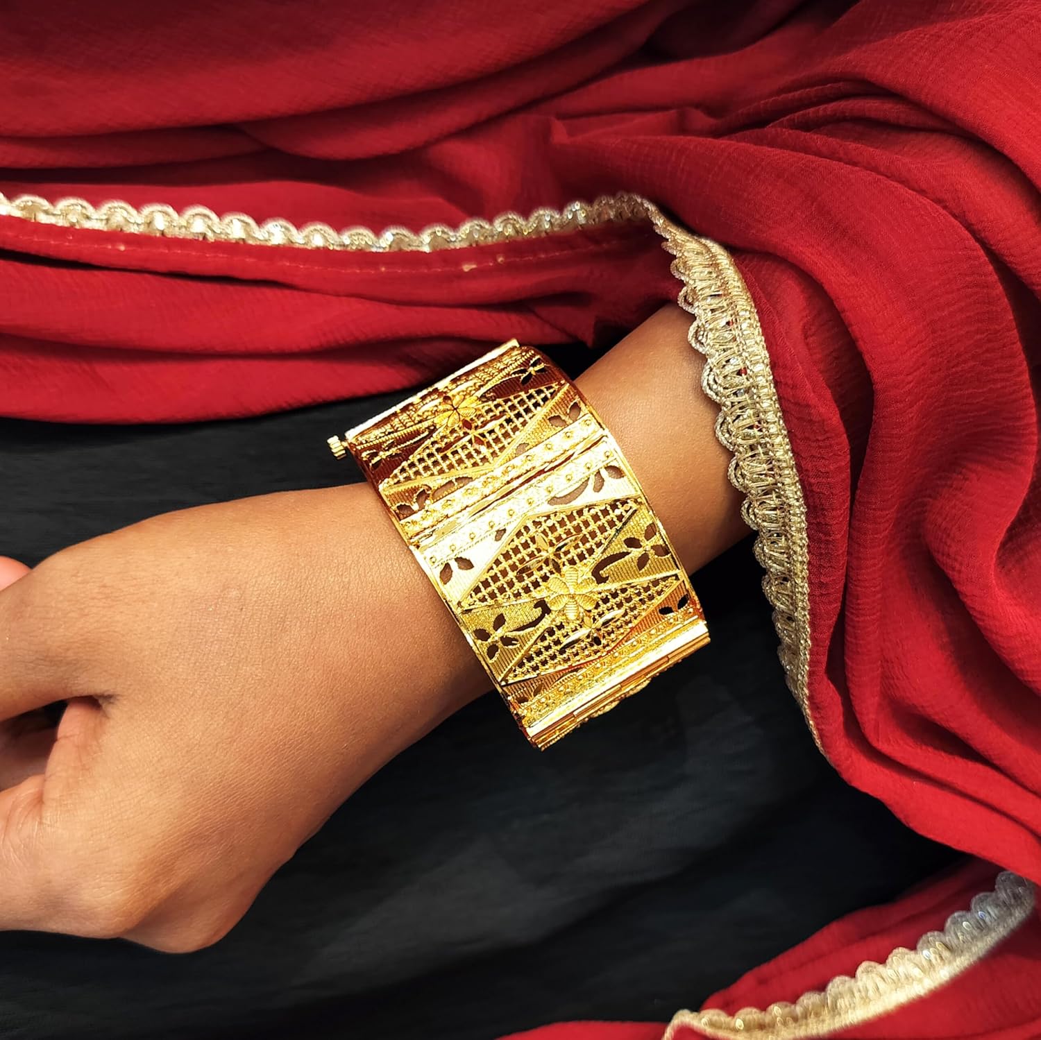 Efulgenz Indian Gold Tone Engraved Hinge Openable Big Broad Bangles Bracelet Indian Bridal Jewelry for Wedding Bollywood Fashion Jewelry (2 Pcs)