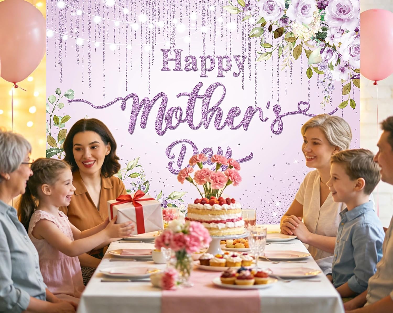 Purple Happy Mother's Day Backdrop Golden Dots Floral Mother's Day Party Decoration Photo Studio Booth Props (Purple, 7x5ft)