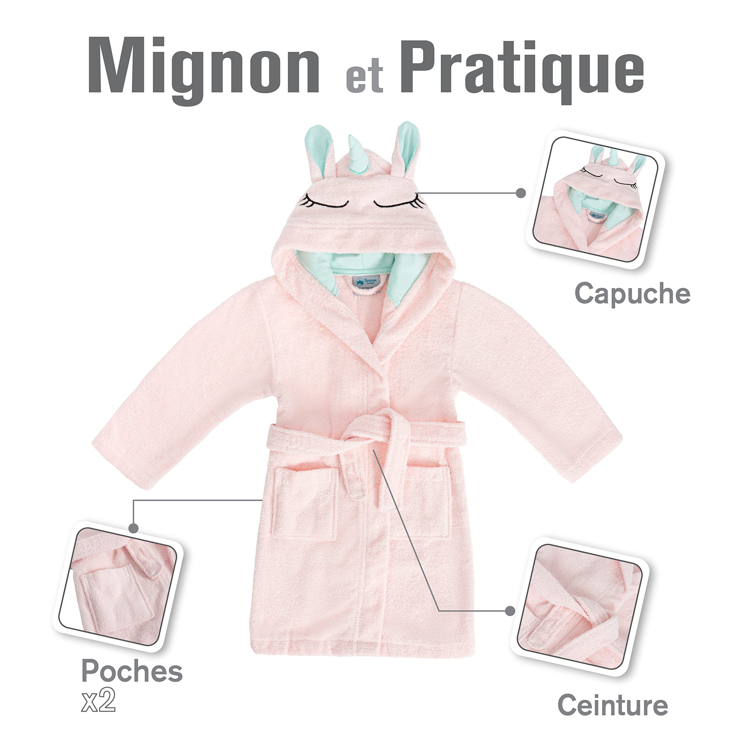 Twinzen Peignoir Enfant Licorne - Fille et Garçon - OEKO-TEX® 100% Coton - Peignoir de Bain et Robe de Chambre Enfant