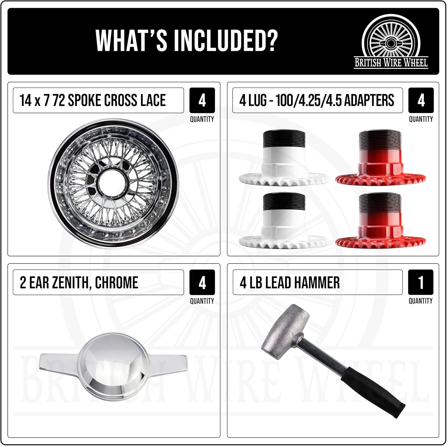 14x7 Reverse 72 Spoke Cross Lace Wire Wheels with Zenith Knock Off Spinner Caps + Adapters 4x100, 4x4.25, 4x4.5 | Chrome Deep Dish Rims for Lowriders | Set of 4 + Lead Hammer