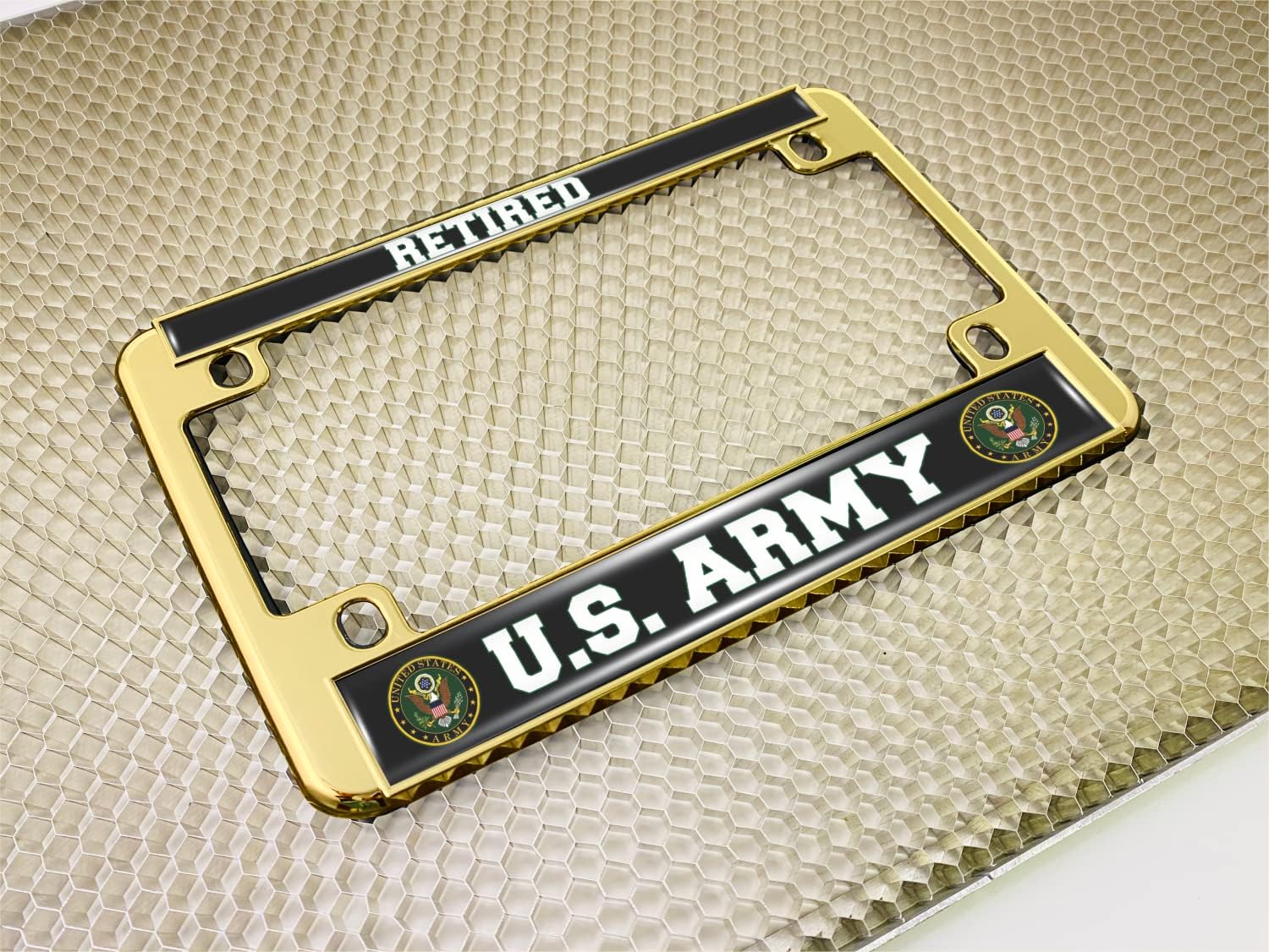 [Officially Licensed Product] - Motorcycle Metal License Plate Frame with U.S. Army Retired Design - Gold