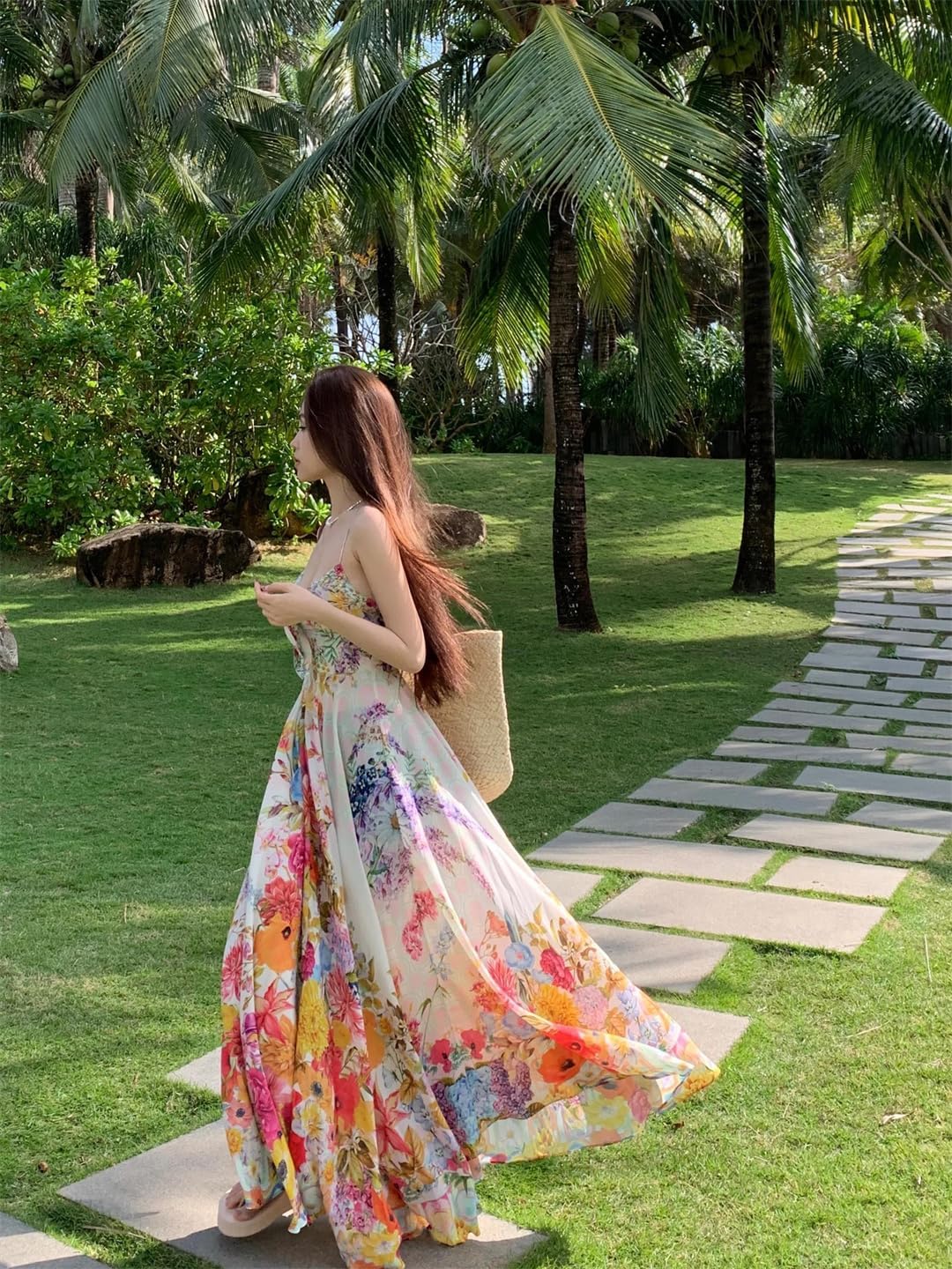 Women Summer Floral Printing A Line Strap Long Holiday Vacation Dresses