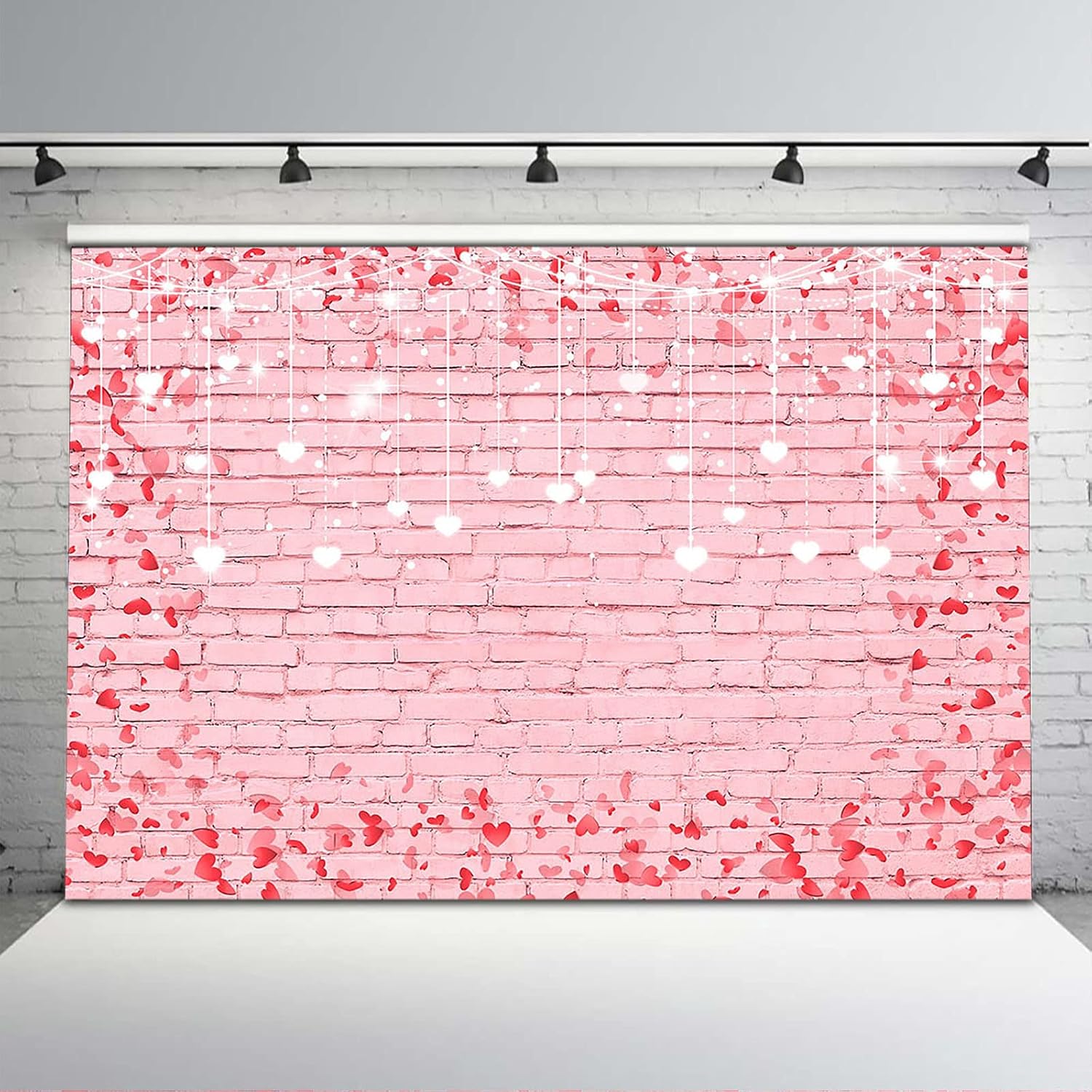 Avezano Valentine's Day Photography Backdrop Pink Brick Wall Love Hearts Glitter Lights Background Valentine Party Kids Portraits Wedding Bridal Shower Photo Shoot Props (10x8)